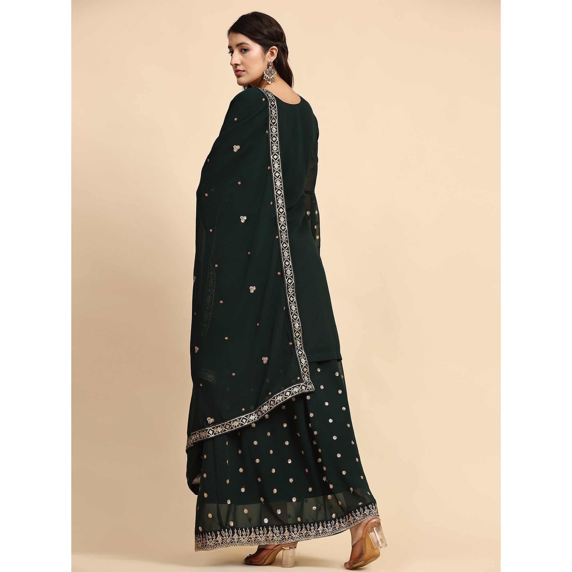 Green Floral Embroidered Georgette Semi Stitched Suit