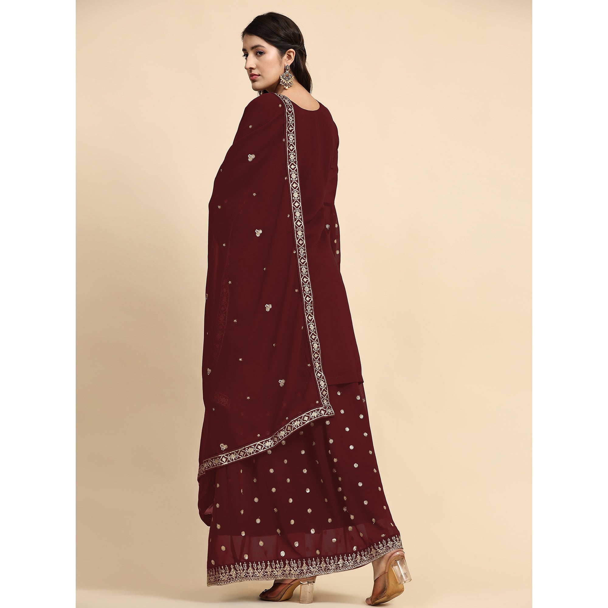 Maroon Floral Embroidered Georgette Semi Stitched Suit