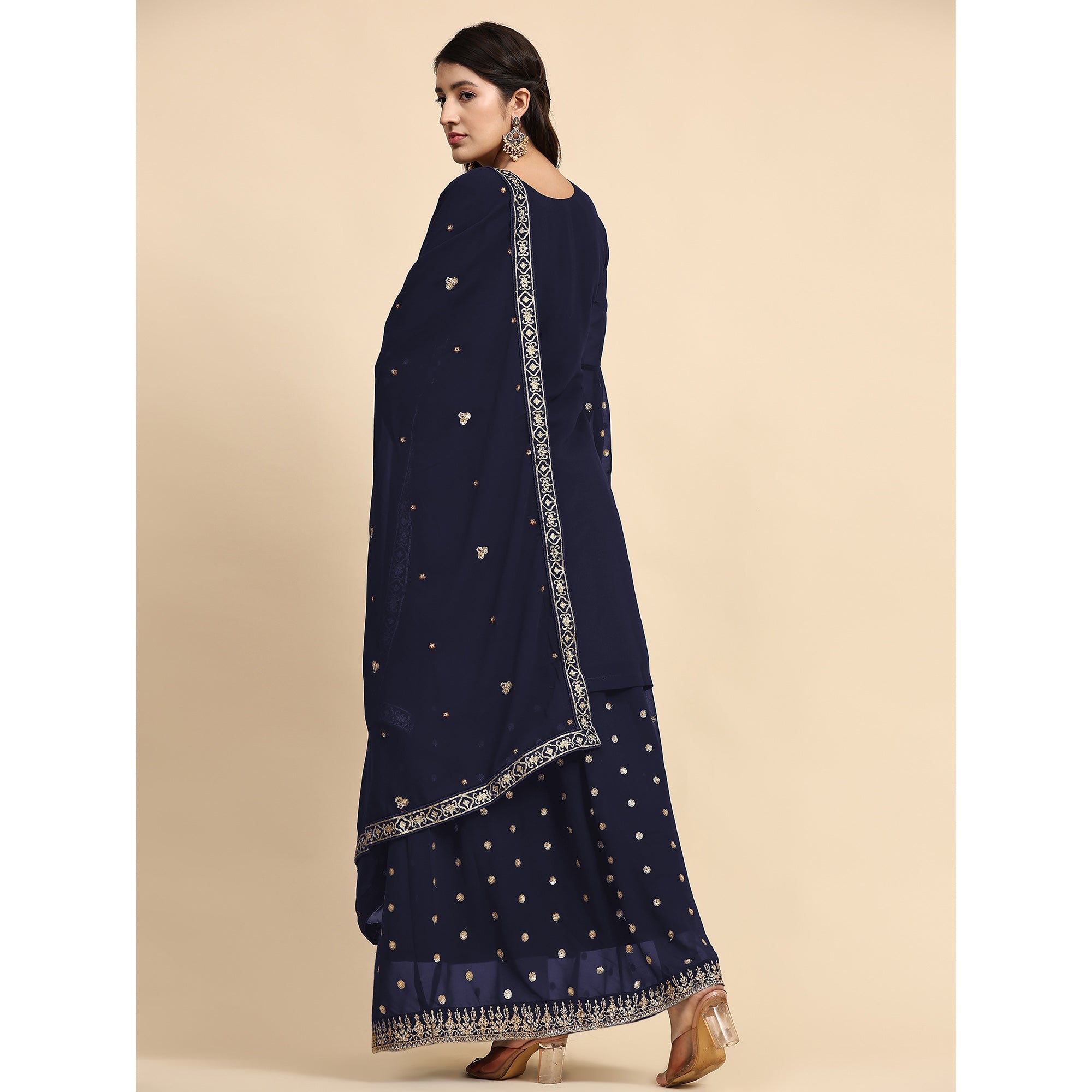 Navy Blue Floral Embroidered Georgette Semi Stitched Suit