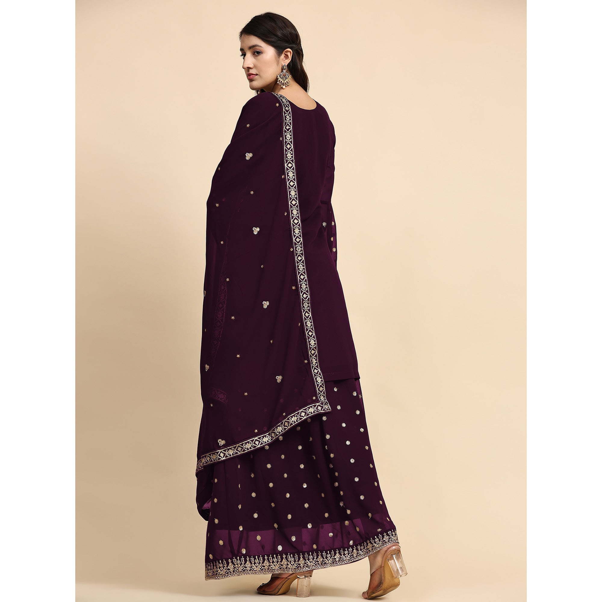 Purple Floral Embroidered Georgette Semi Stitched Suit