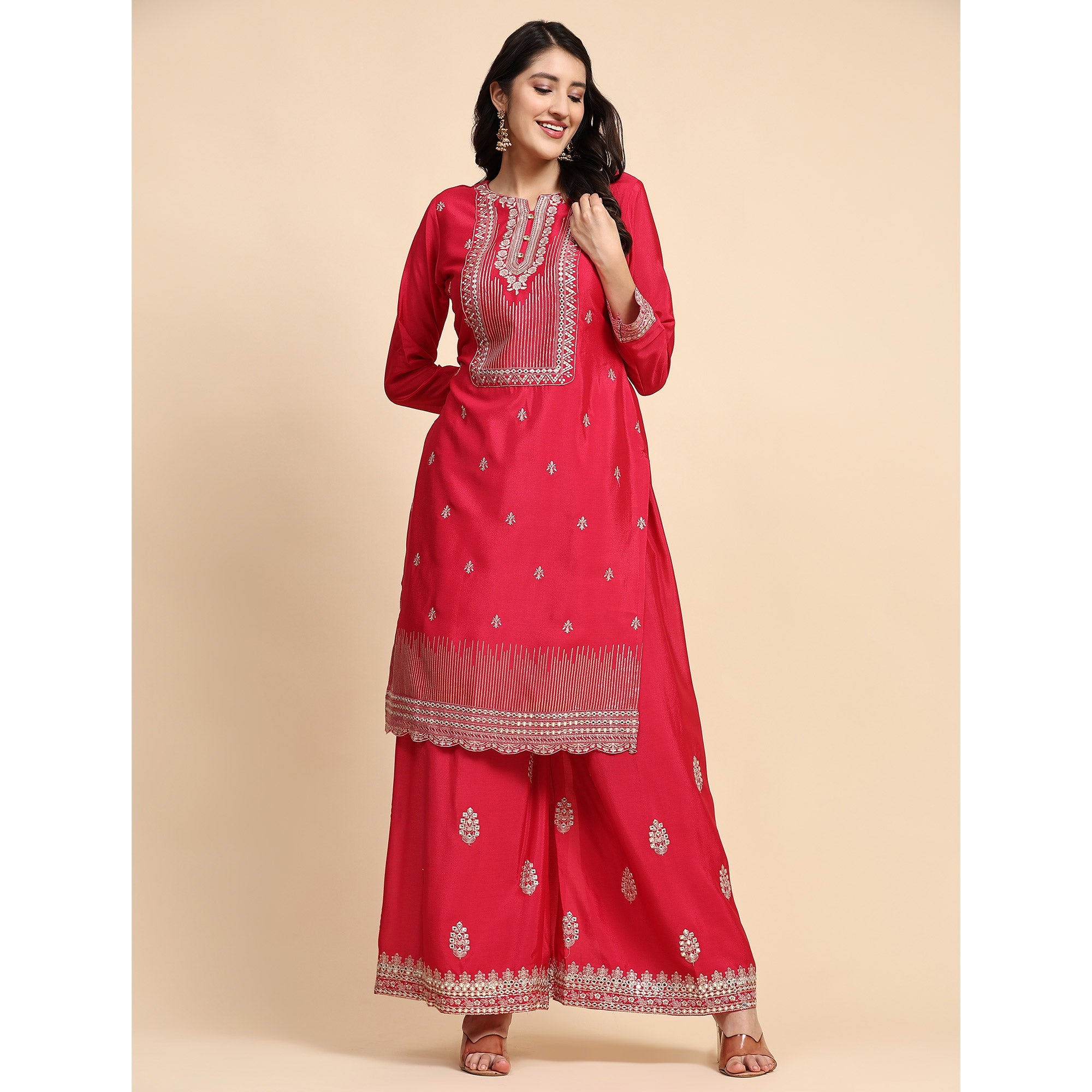 Pink Embroidered Chinon Semi Stitched Suit