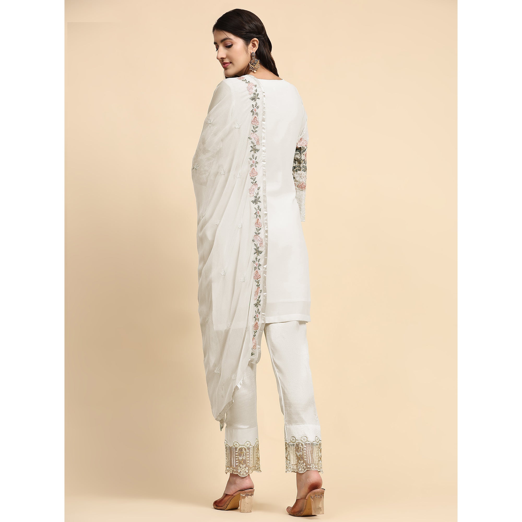 White Embroidered Georgette Semi Stitched Pakistani Suit