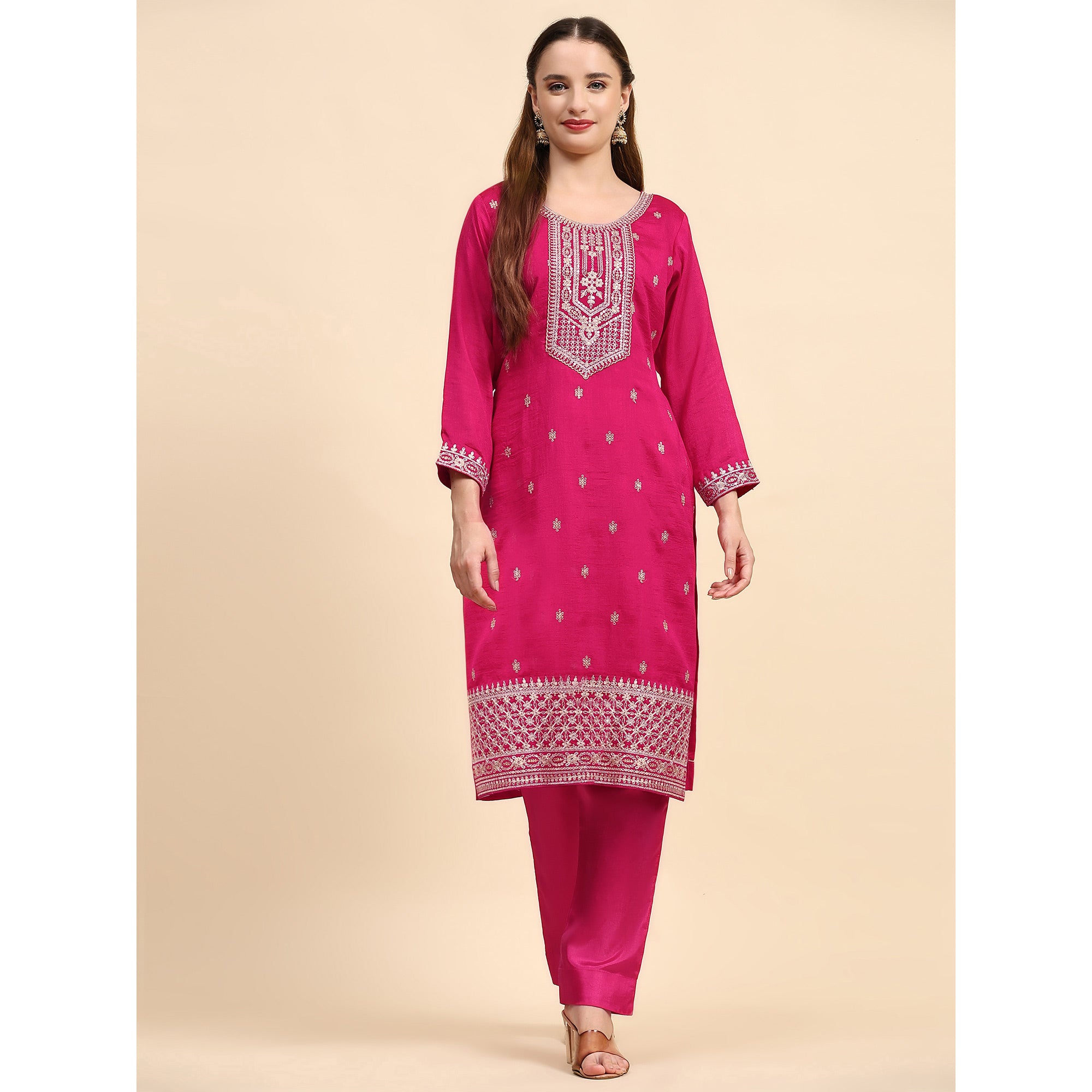 Pink Embroidered Dola Silk Straight Semi Stitched Suit