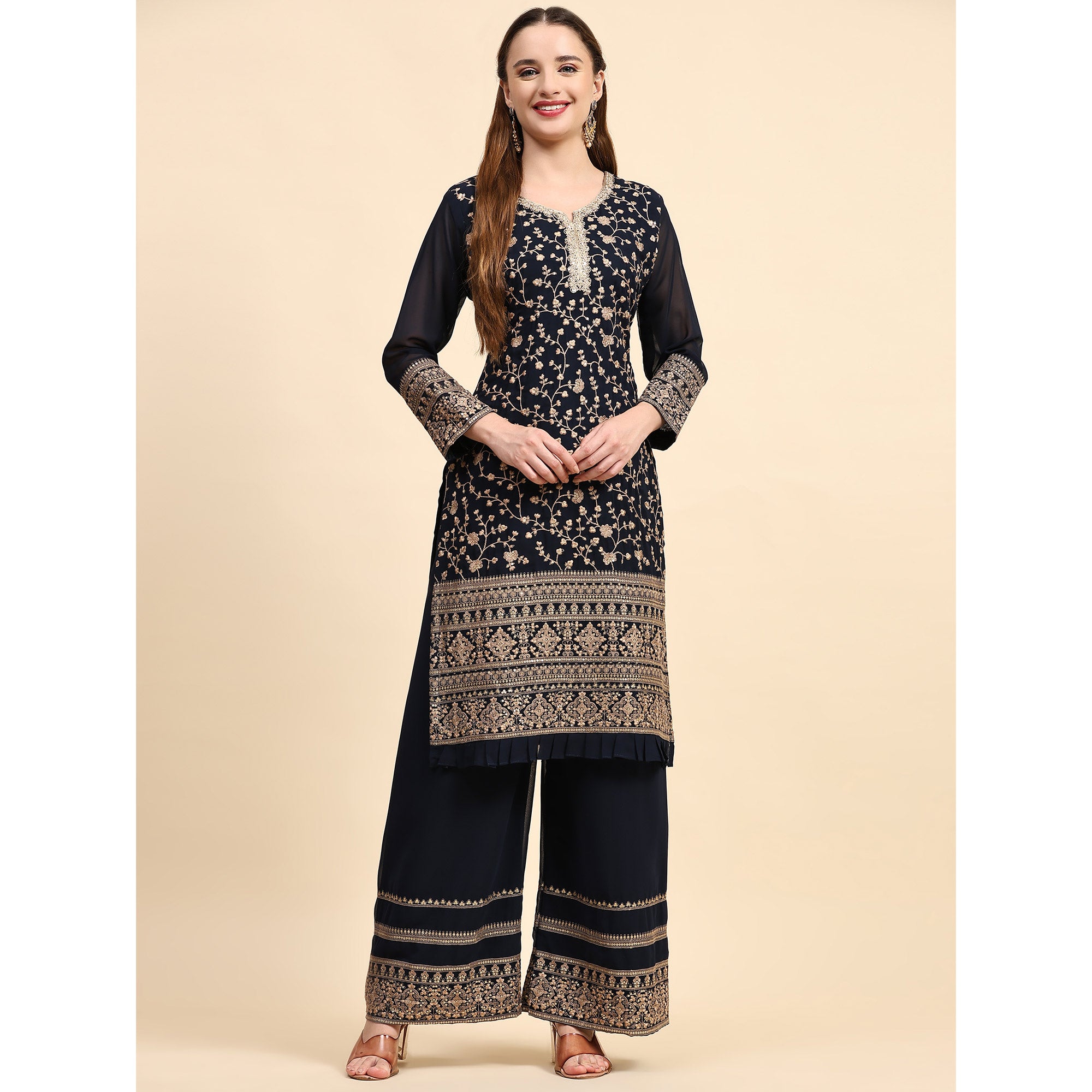 Navy Blue Embroidered Georgette Semi Stitched Suit