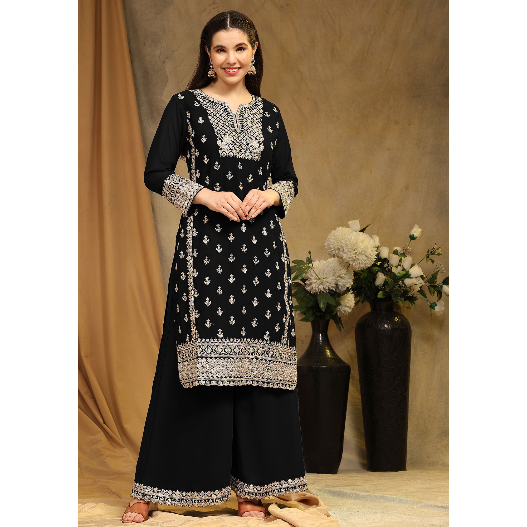 Black Floral Embroidered Georgette Semi Stitched Suit
