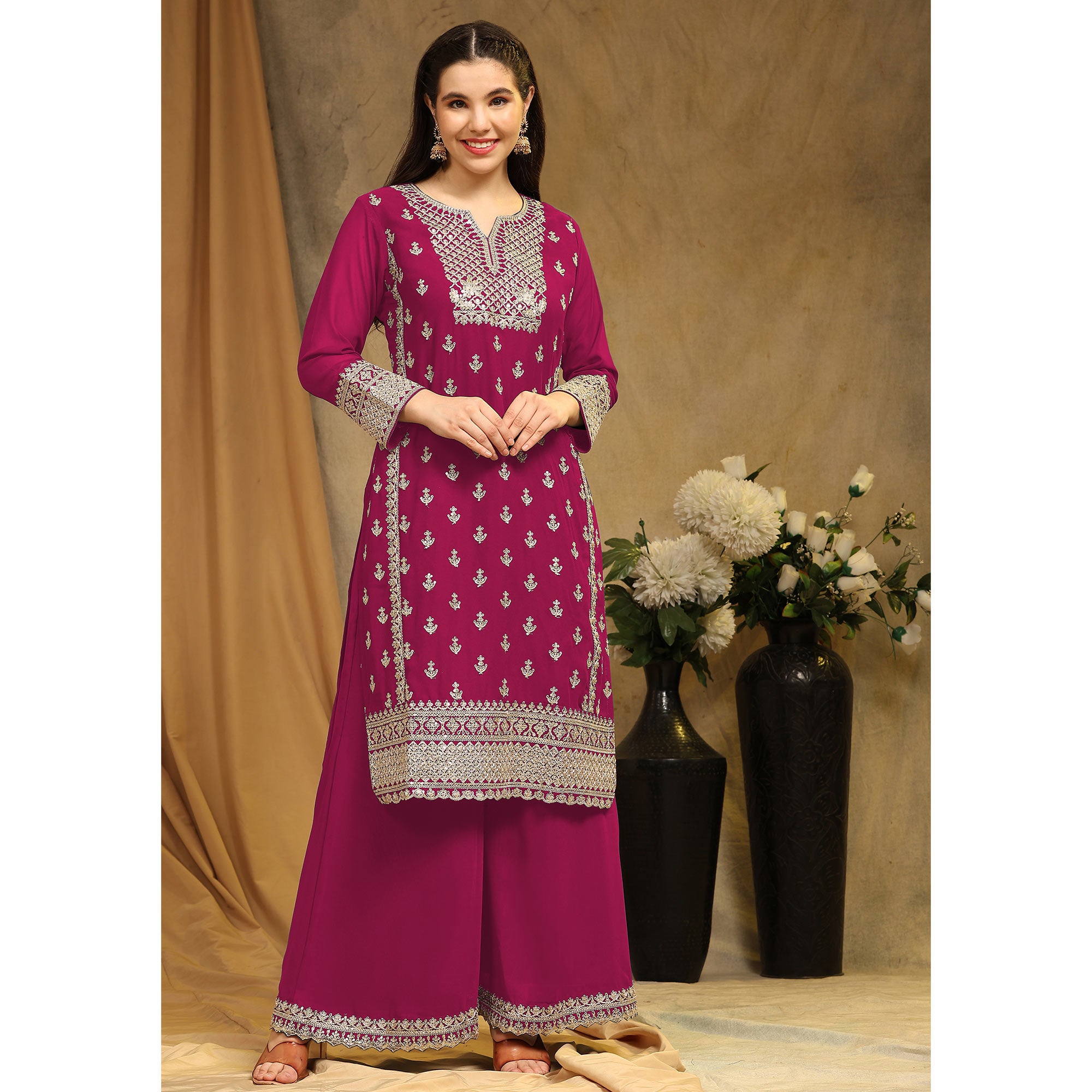 Pink Floral Embroidered Georgette Semi Stitched Suit