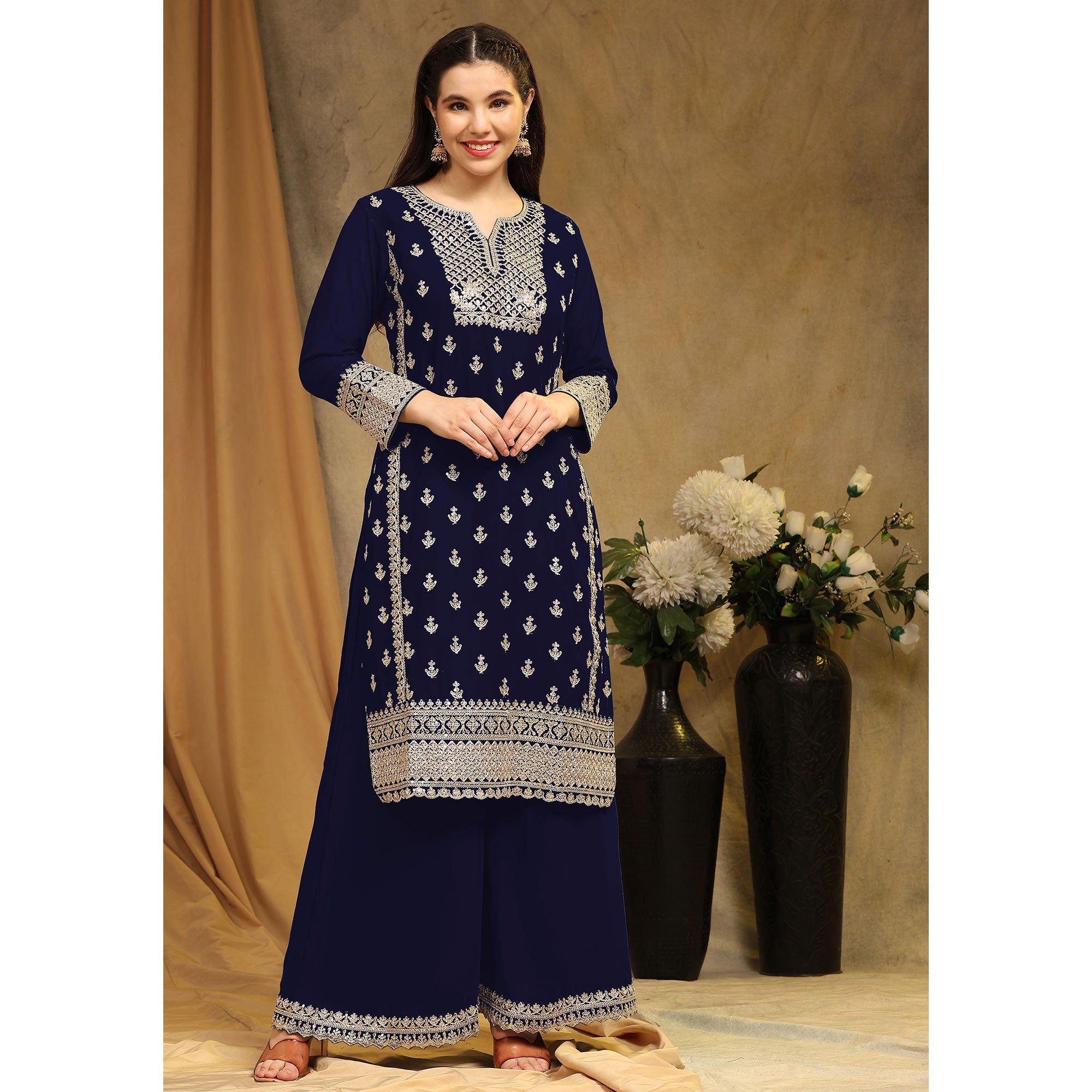 Blue Floral Embroidered Georgette Semi Stitched Suit