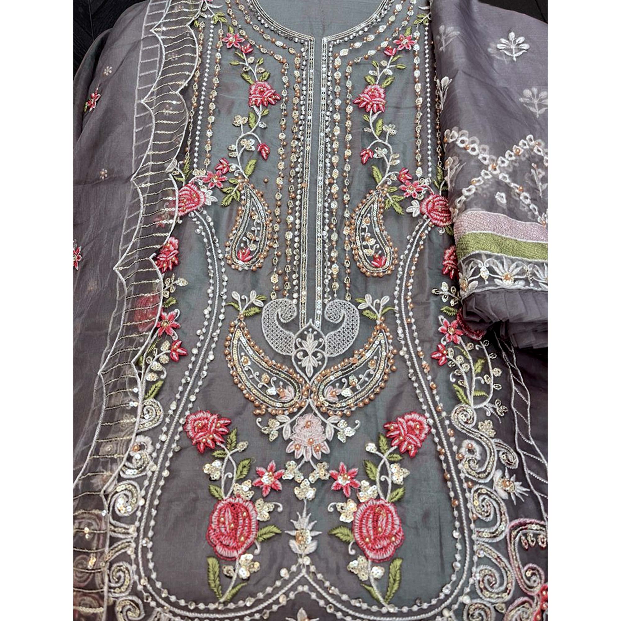 Grey Floral Embroidered Organza Semi Stitched Pakistani Suit