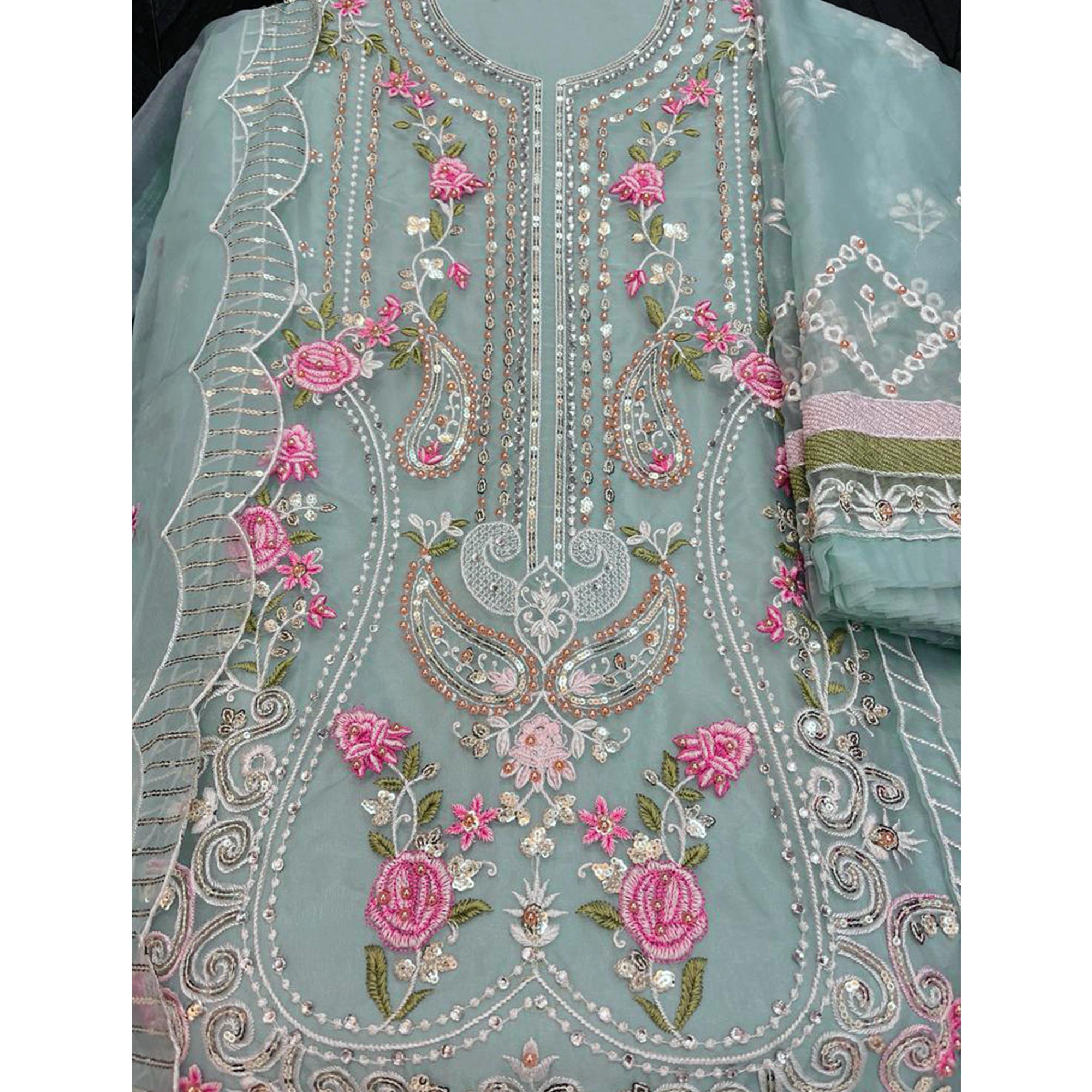 Blue Floral Embroidered Organza Semi Stitched Pakistani Suit
