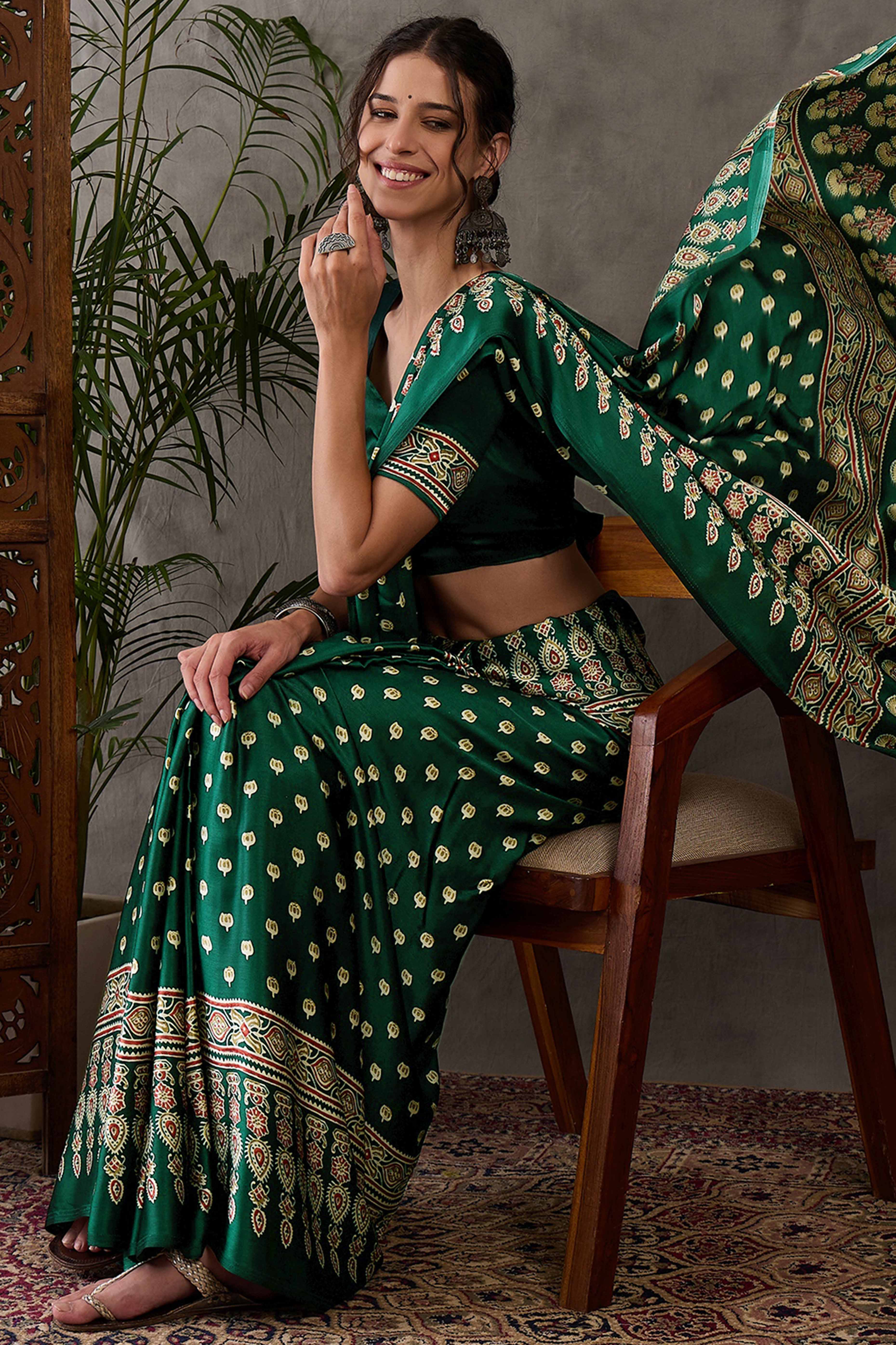 Green Ajrakh Inspired Printed Modal Satin Saree for Party Occasions