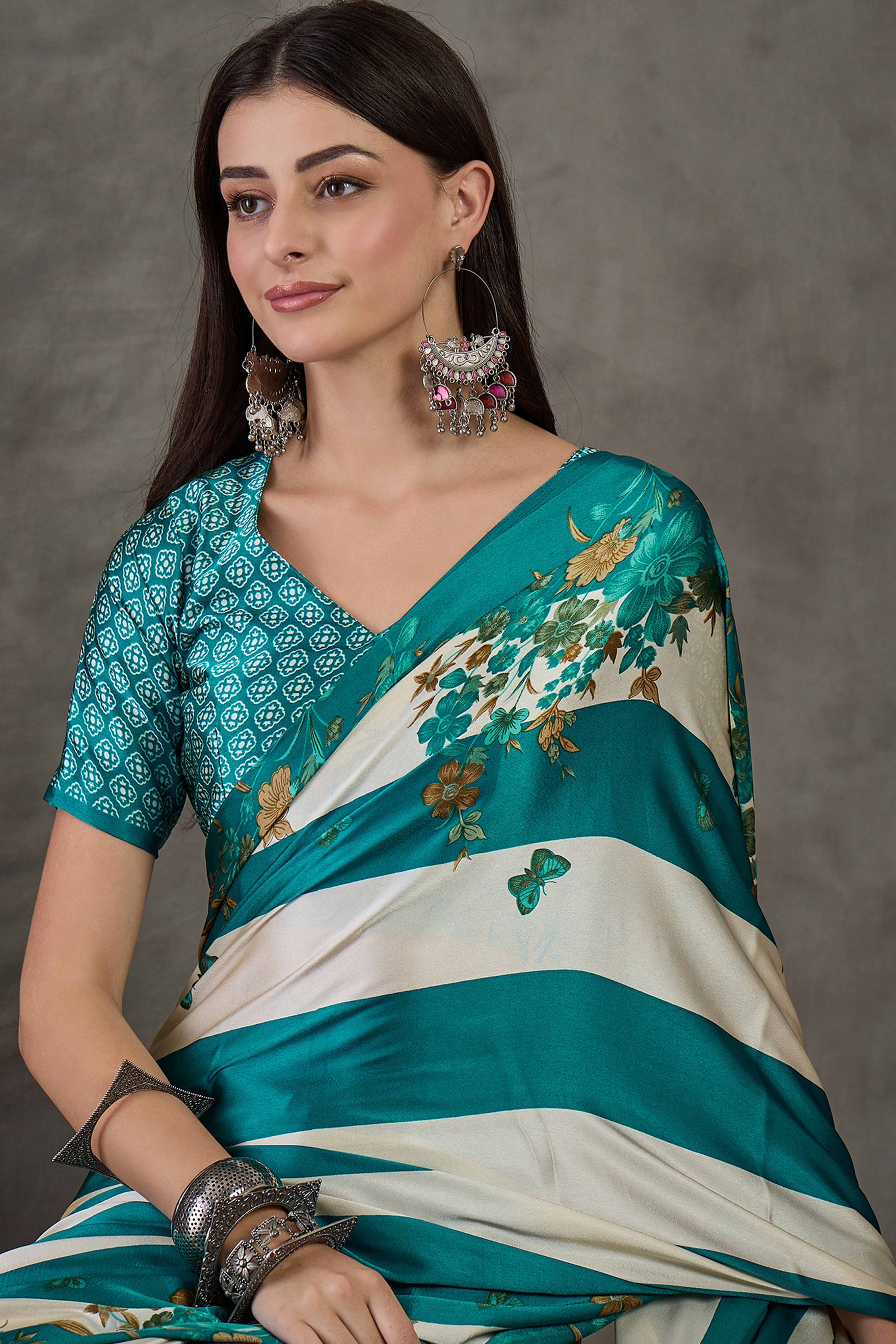 Rama Green Floral Printed Modal Satin Party Wear Saree with a Smooth Satin Finish