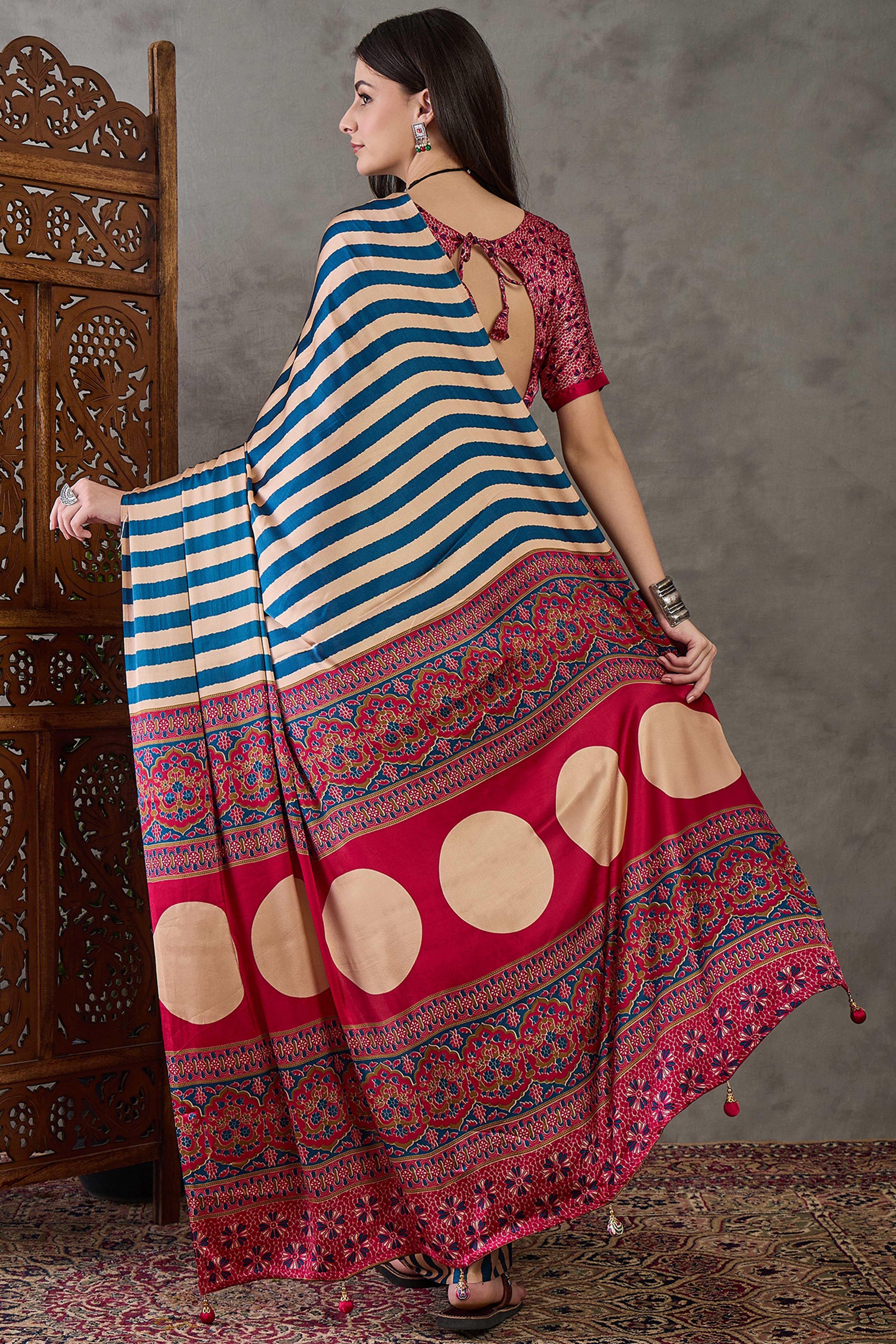 Blue Modal Satin Saree with Subtle Stripe Design and Ajrakh Print on Pallu