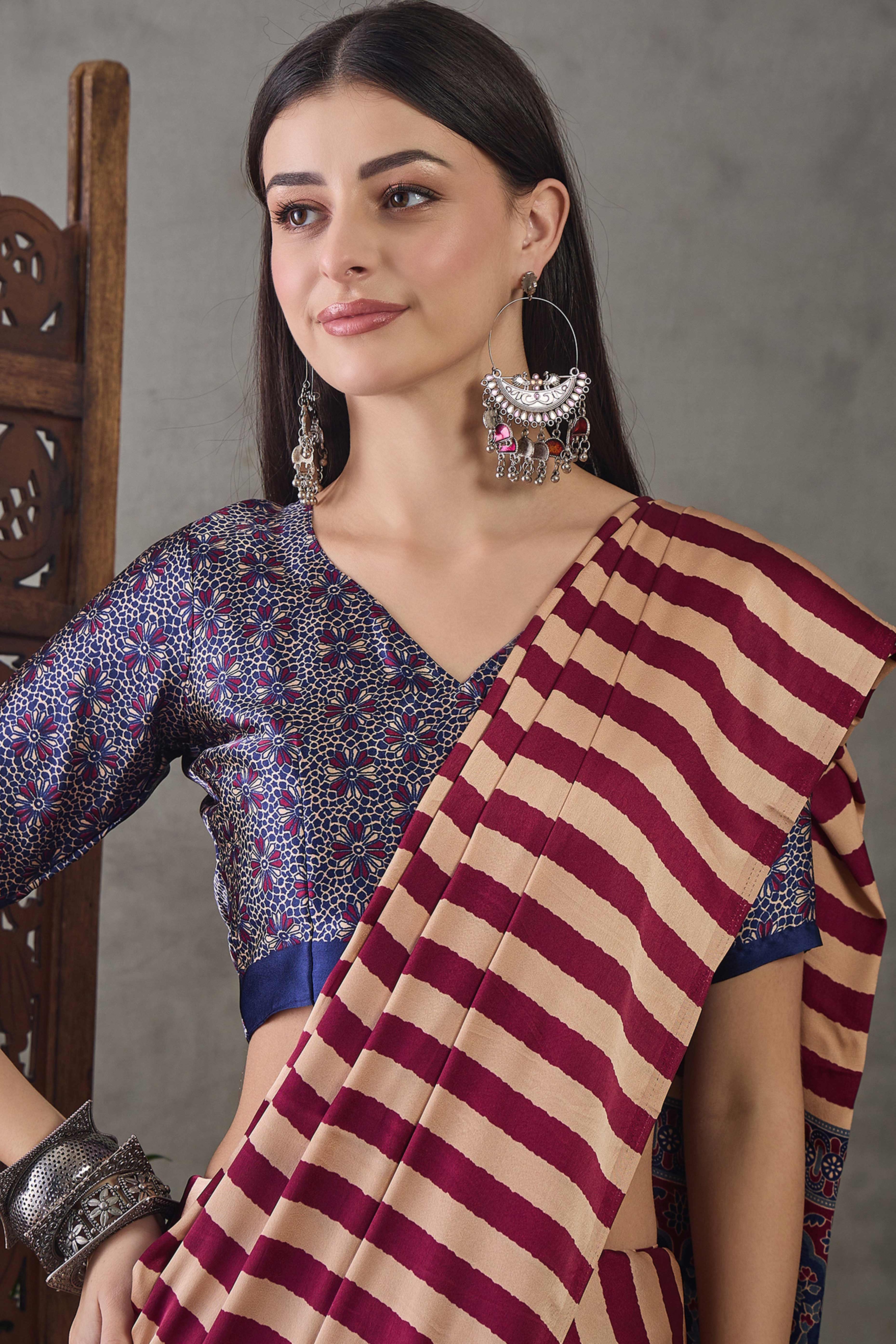 Wine Modal Satin Saree with Subtle Stripe Design and Ajrakh Print on Pallu