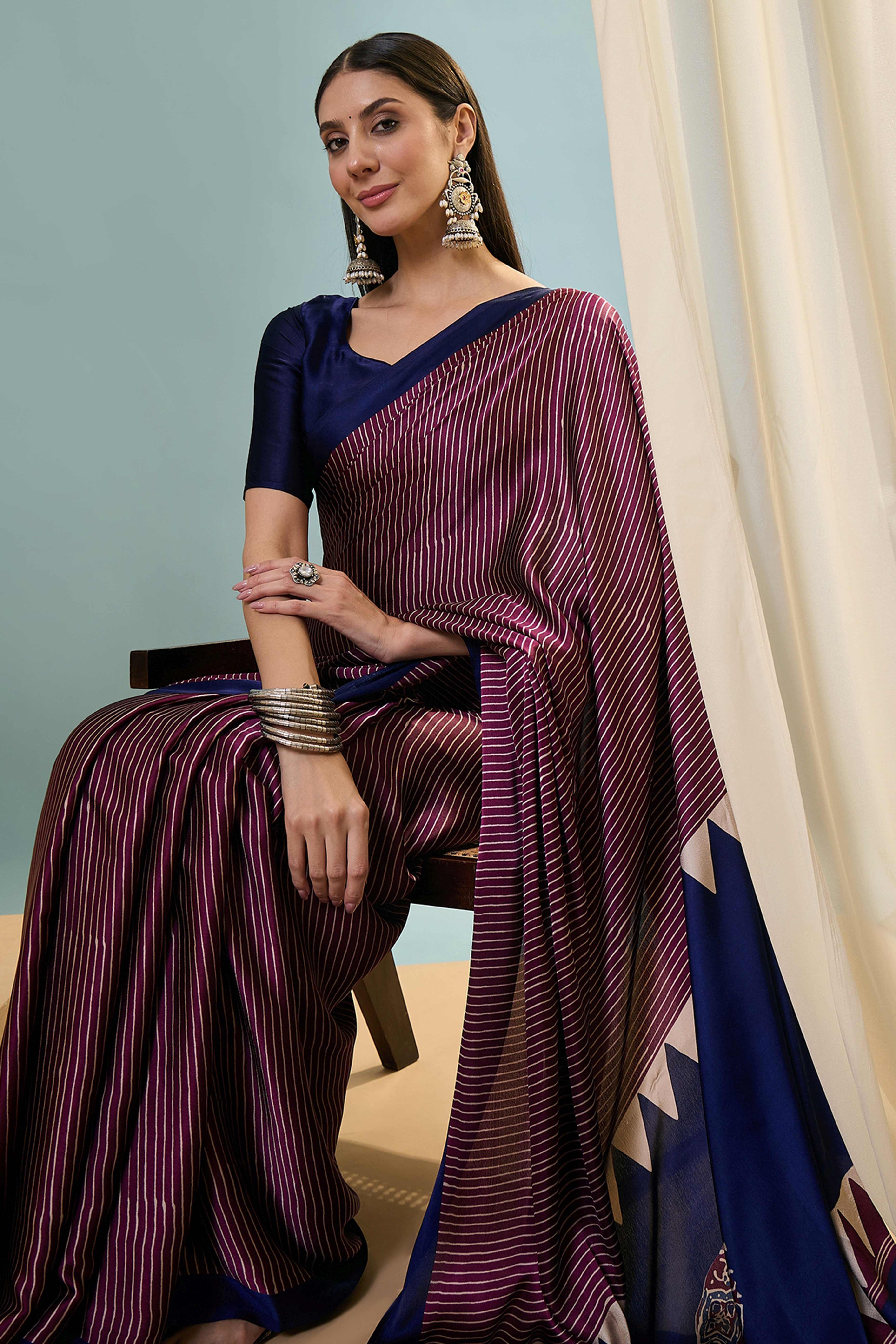 Wine Ajrakh Print Satin Saree With Traditional Charm