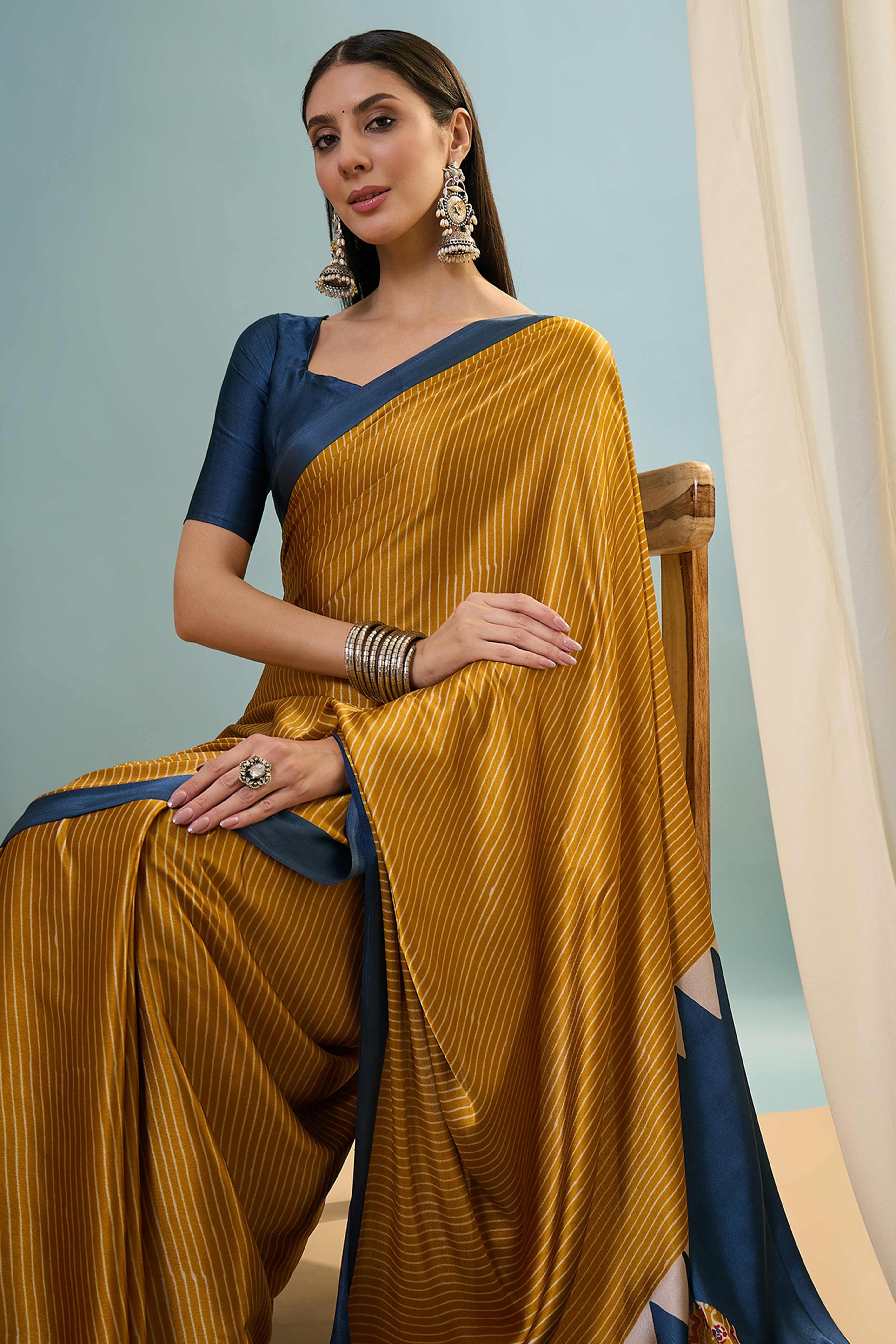 Mustard Ajrakh Print Satin Saree With Traditional Charm