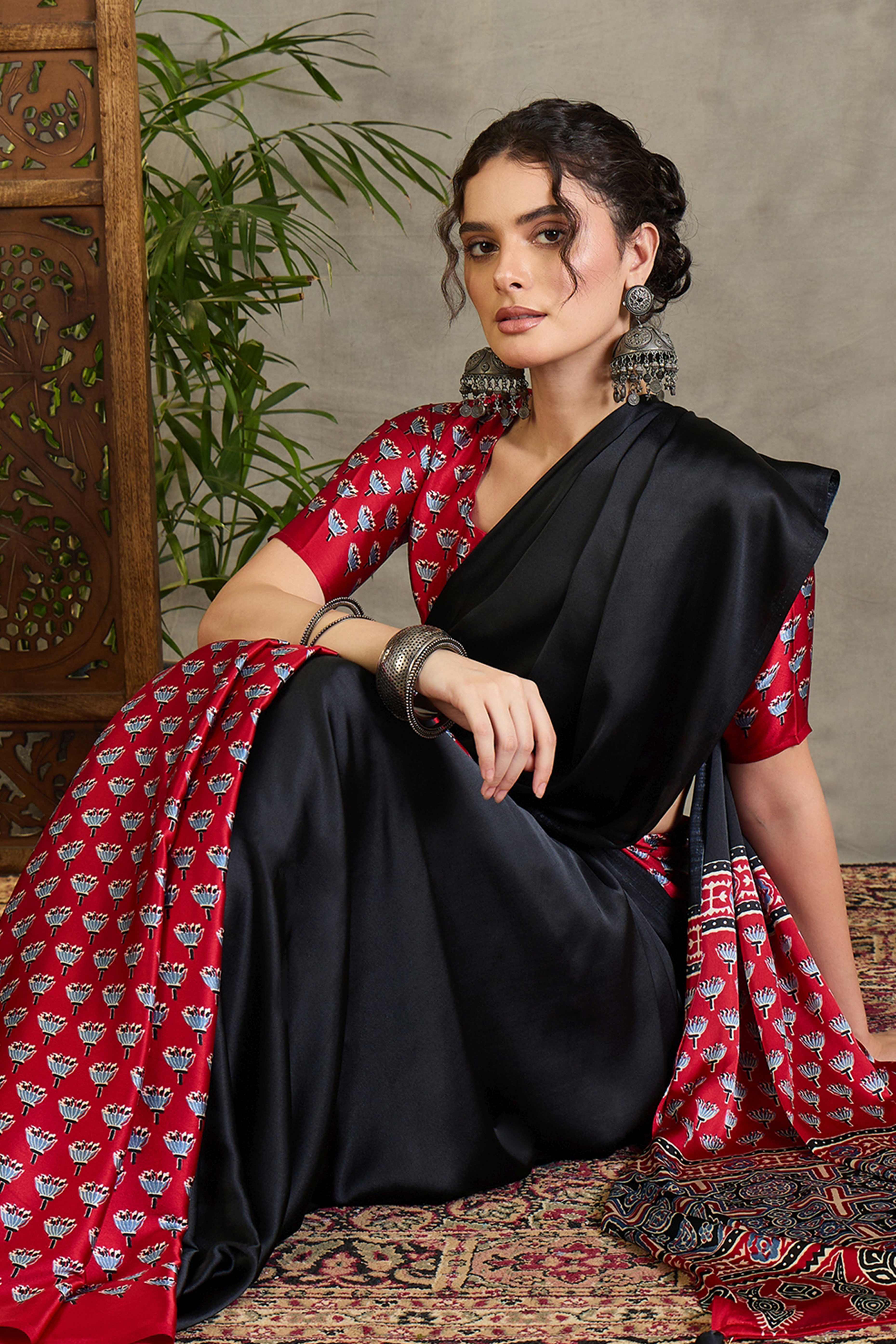 Red Solid Modal Satin Saree Highlighted with Classic Ajrakh Pallu Design