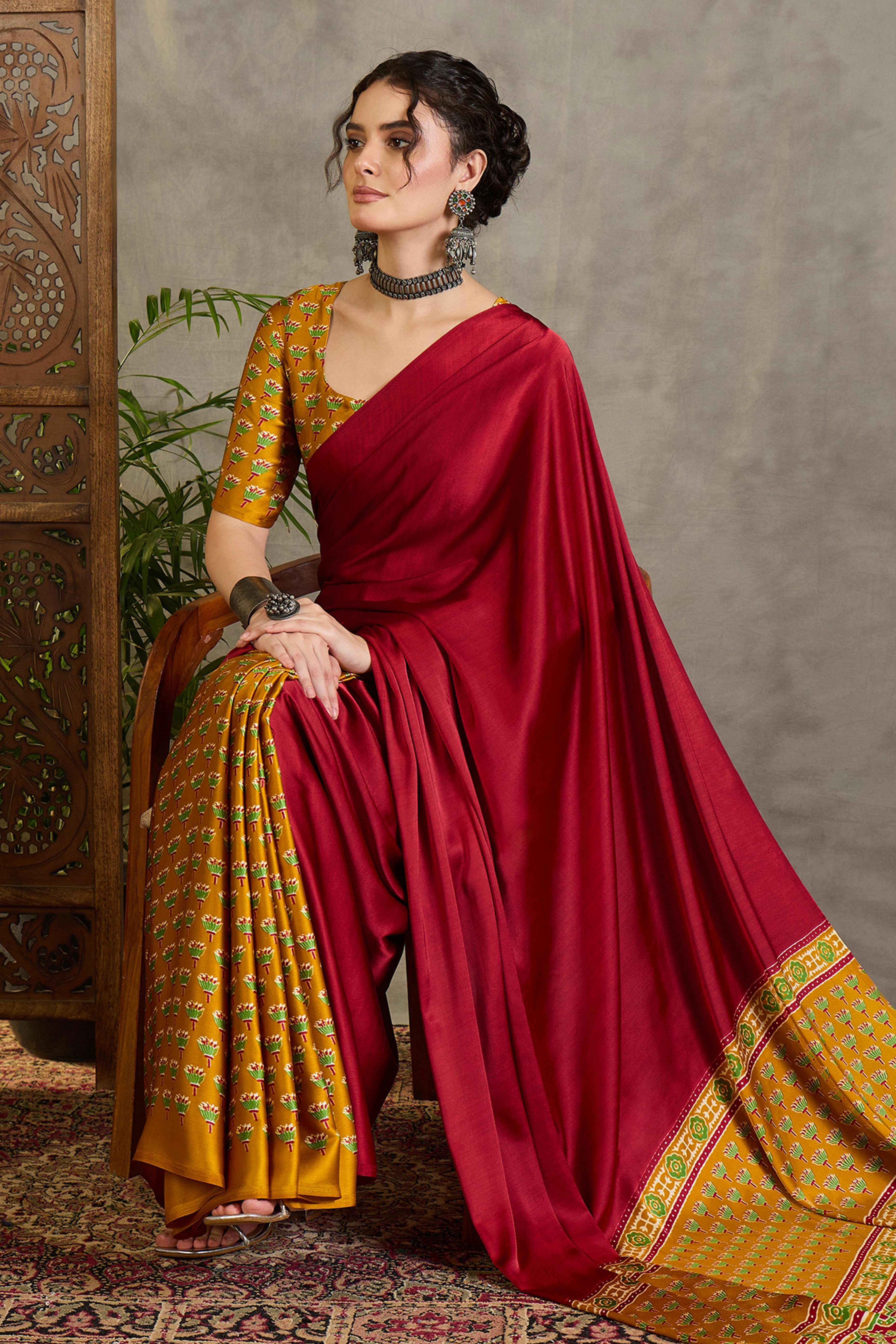 Yellow Solid Modal Satin Saree Highlighted with Classic Ajrakh Pallu Design