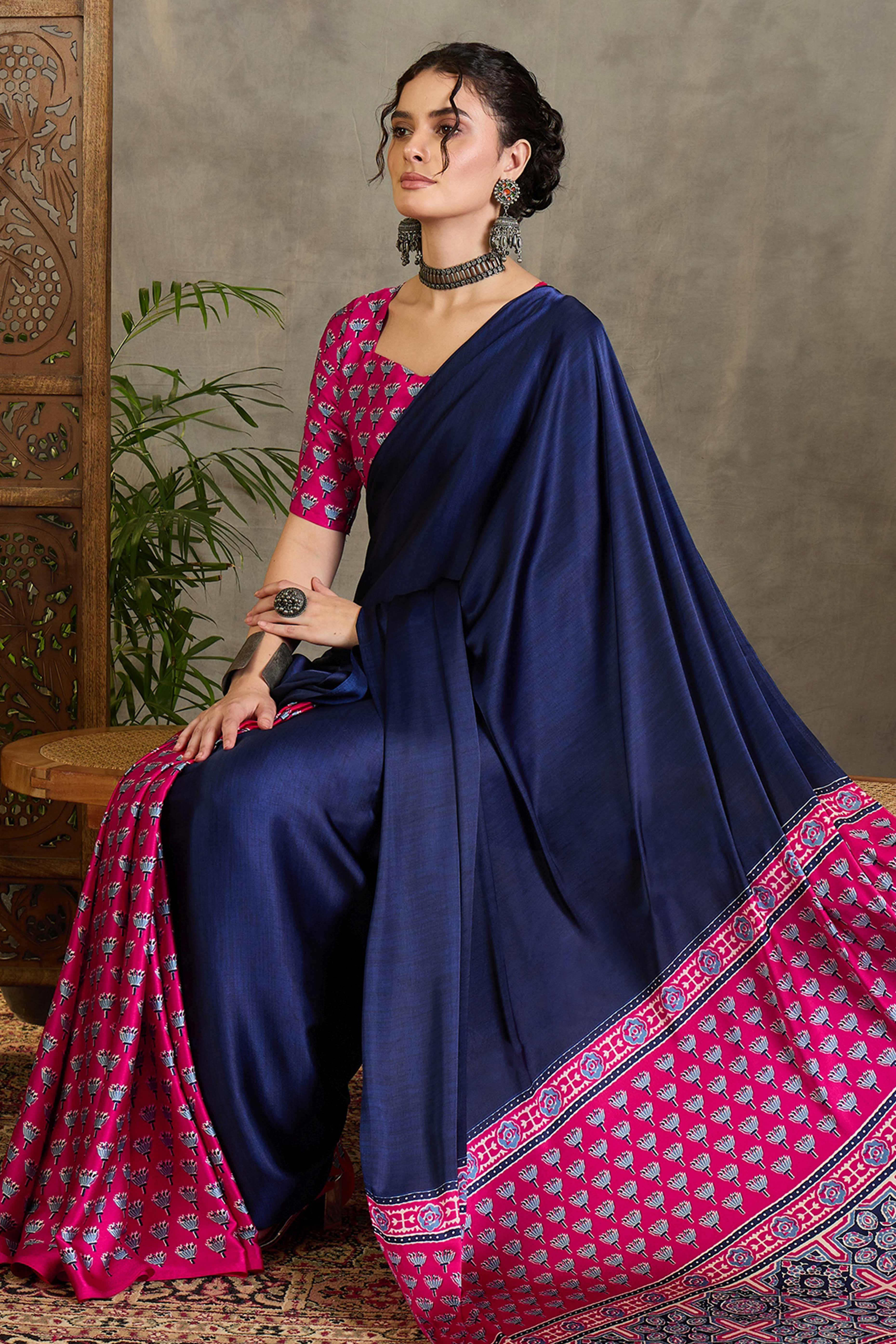 Pink Solid Modal Satin Saree Highlighted with Classic Ajrakh Pallu Design
