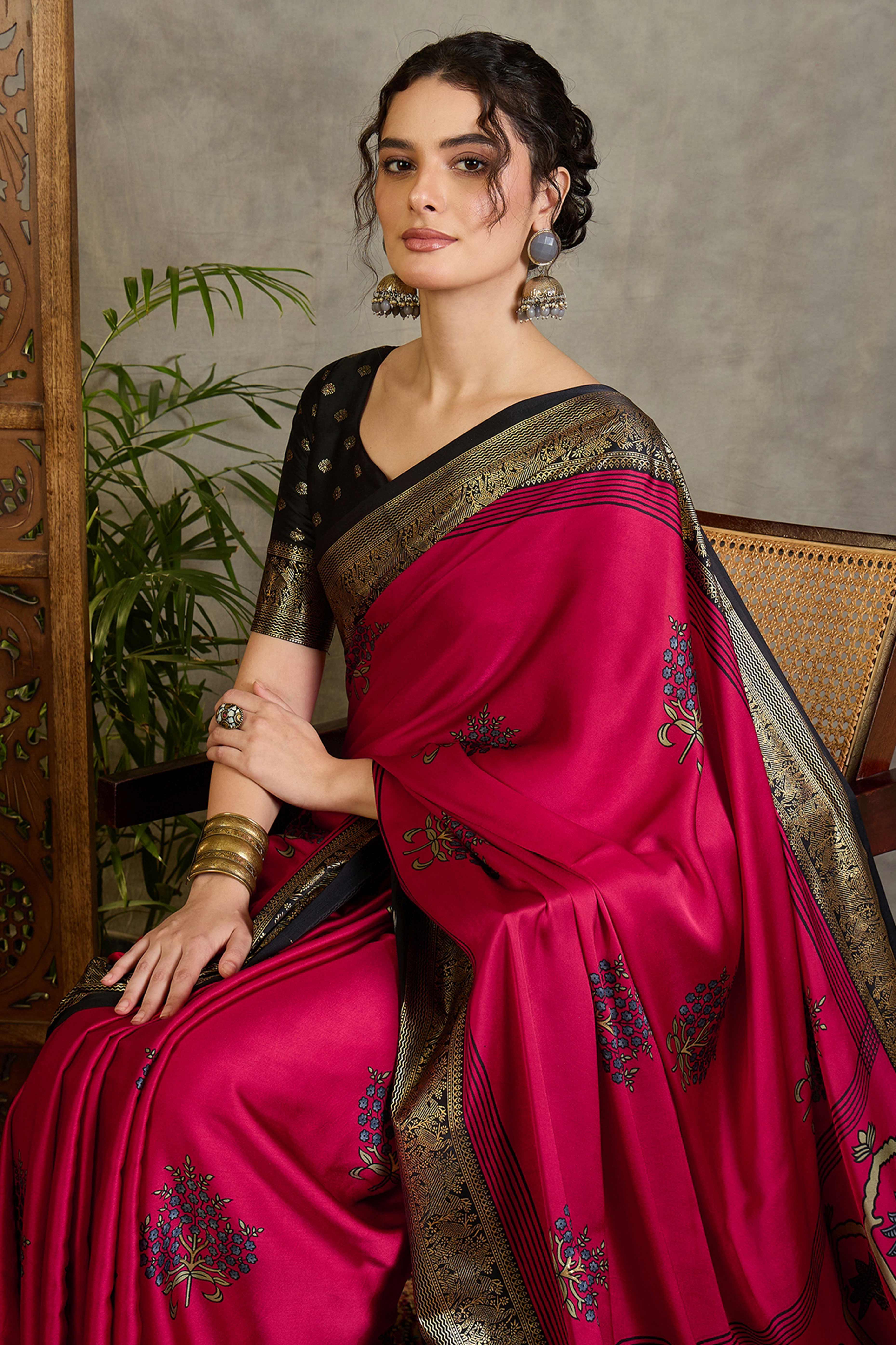 Red Floral Printed Modal Satin Saree with Traditional Zari Detailing