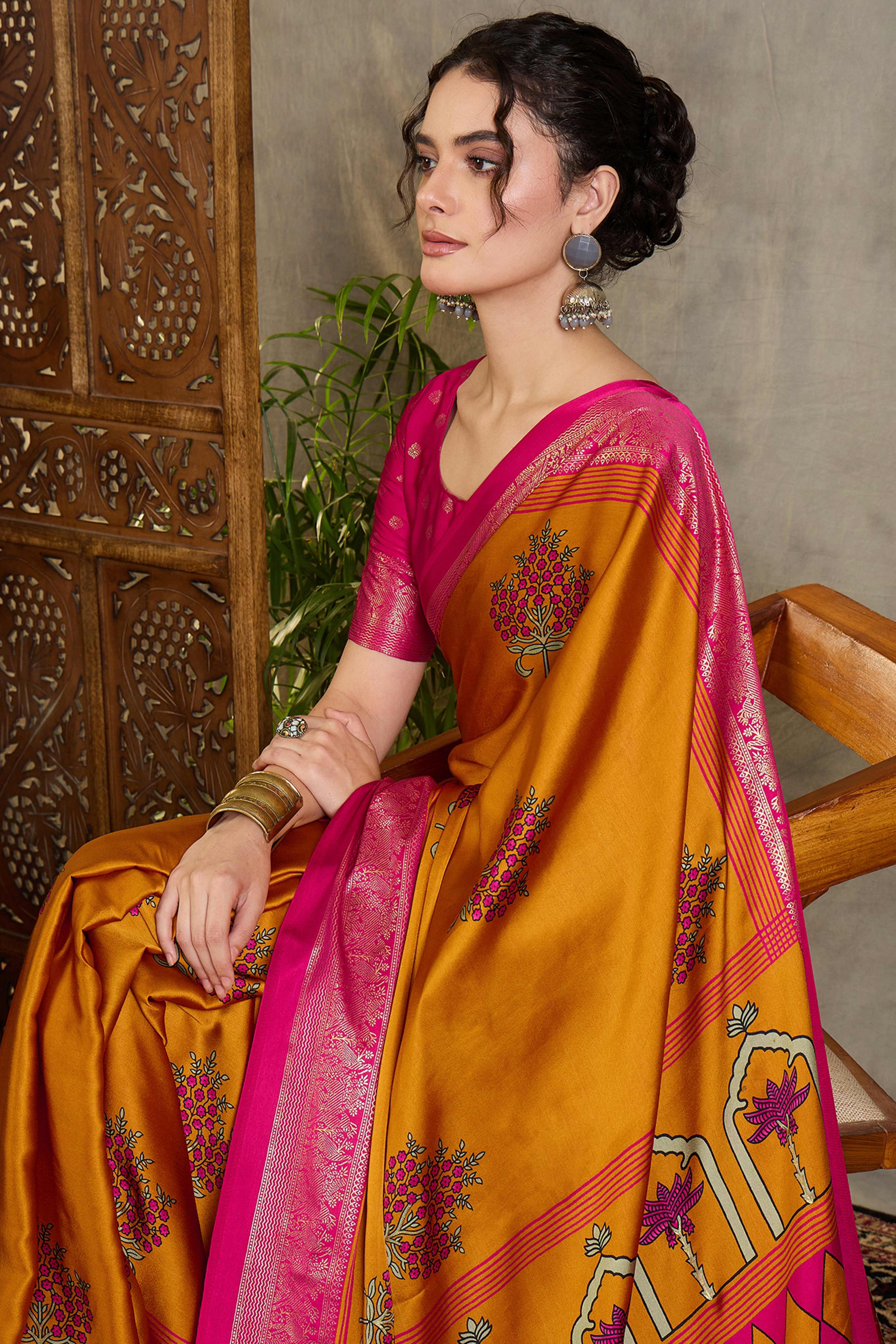 Mustard Floral Printed Modal Satin Saree with Traditional Zari Detailing