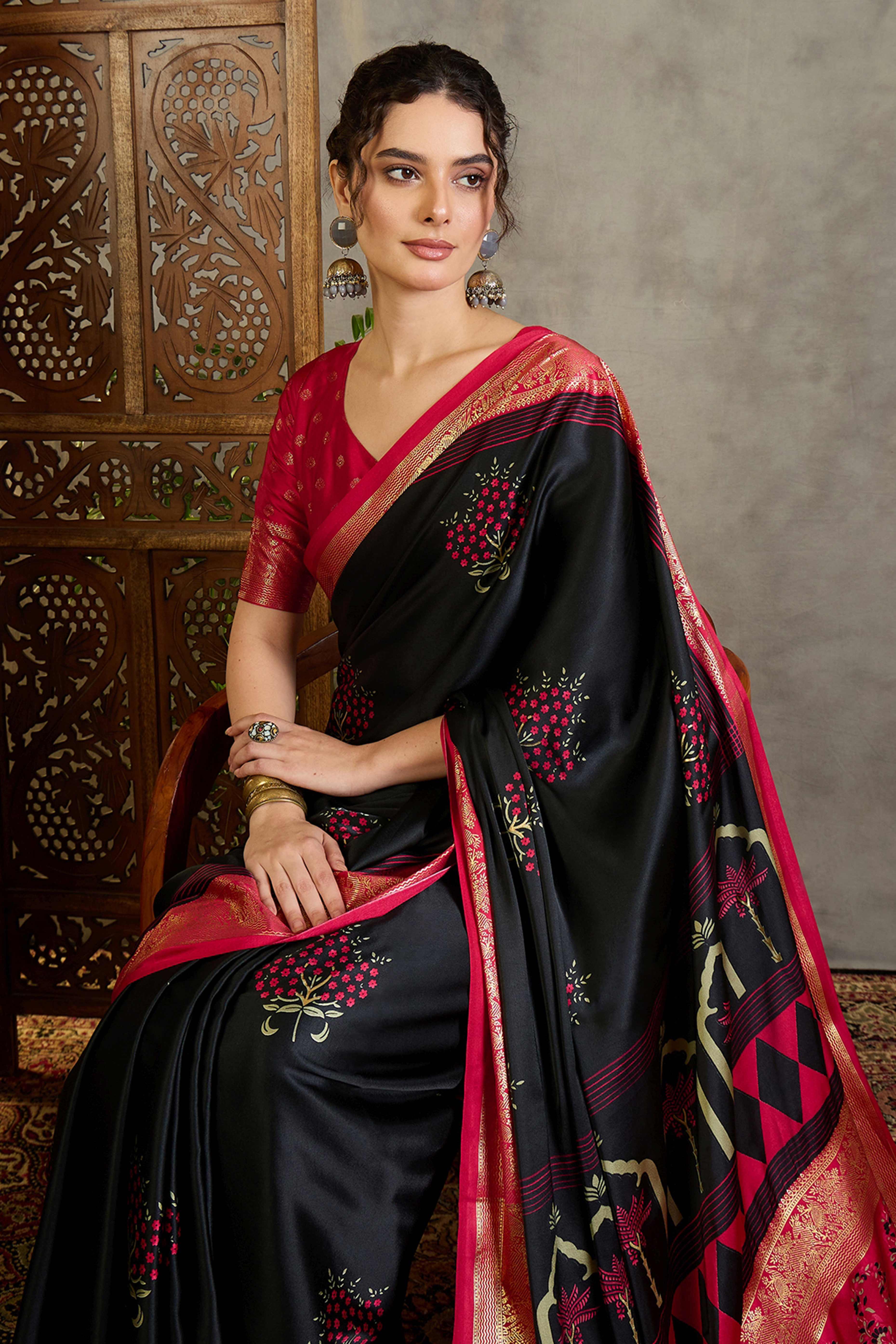 Black Floral Printed Modal Satin Saree with Traditional Zari Detailing