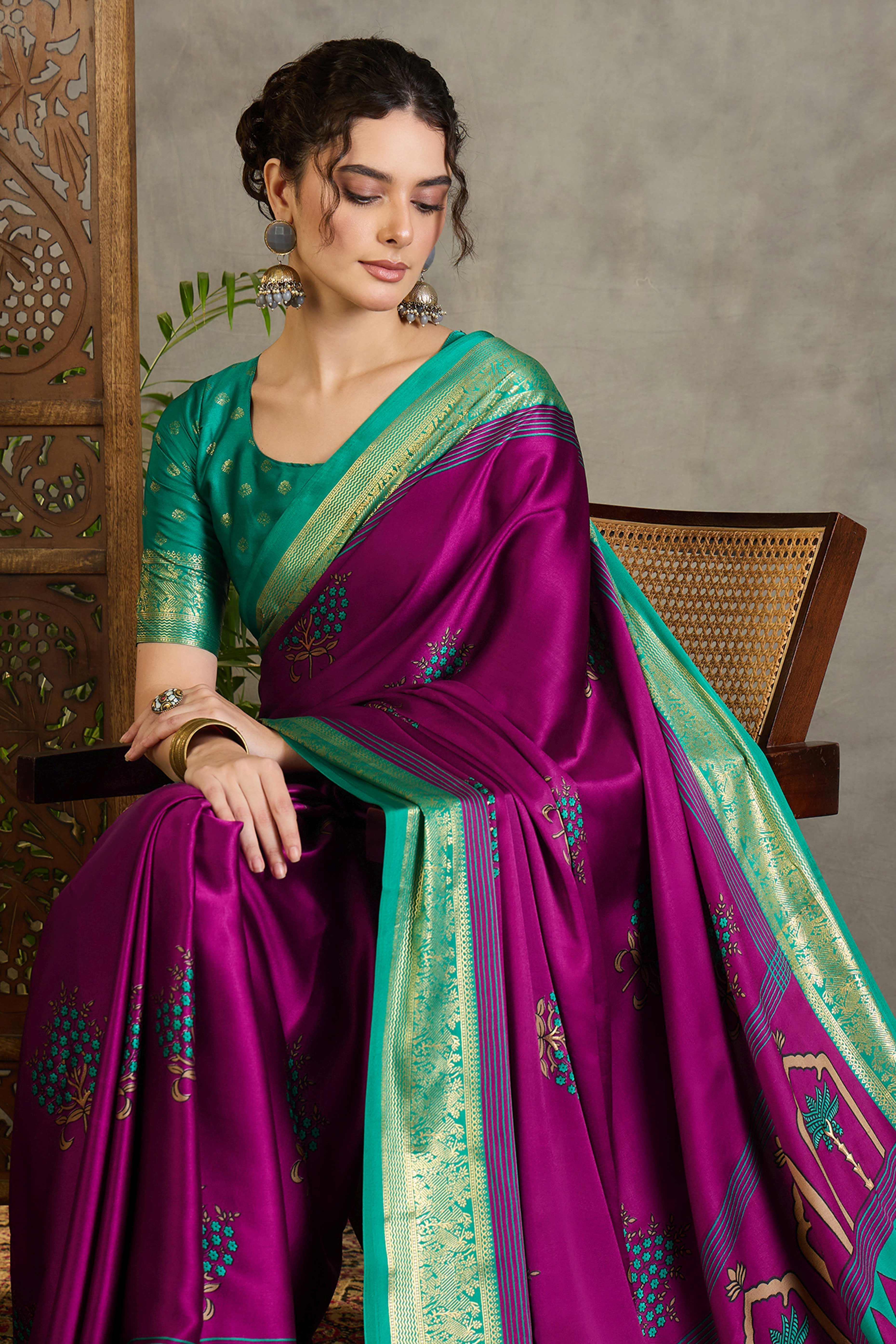 Magenta Floral Printed Modal Satin Saree with Traditional Zari Detailing