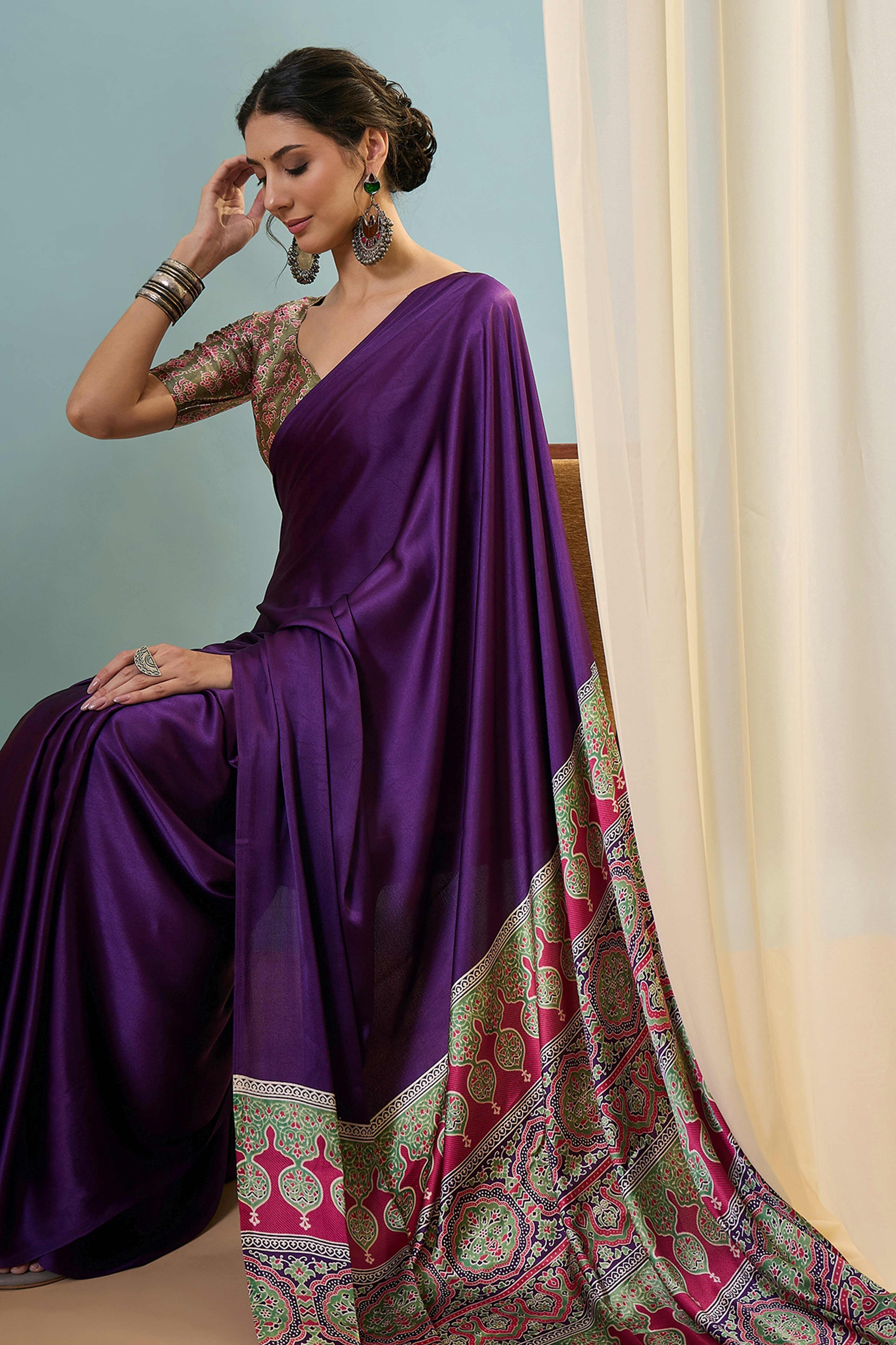 Purple Solid Modal Satin Saree Highlighted With Classic Ajrakh Pallu Design