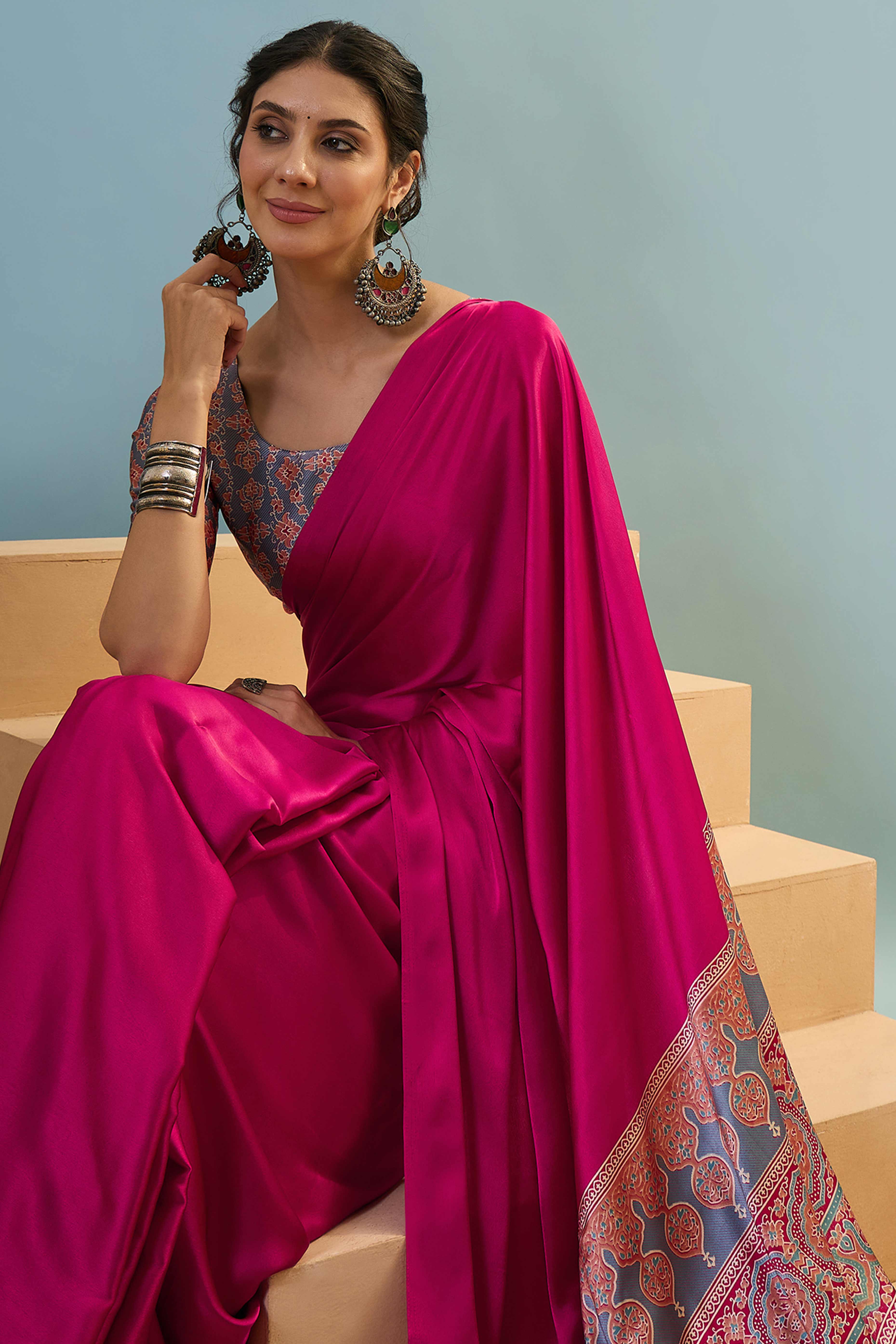 Pink Solid Modal Satin Saree Highlighted With Classic Ajrakh Pallu Design