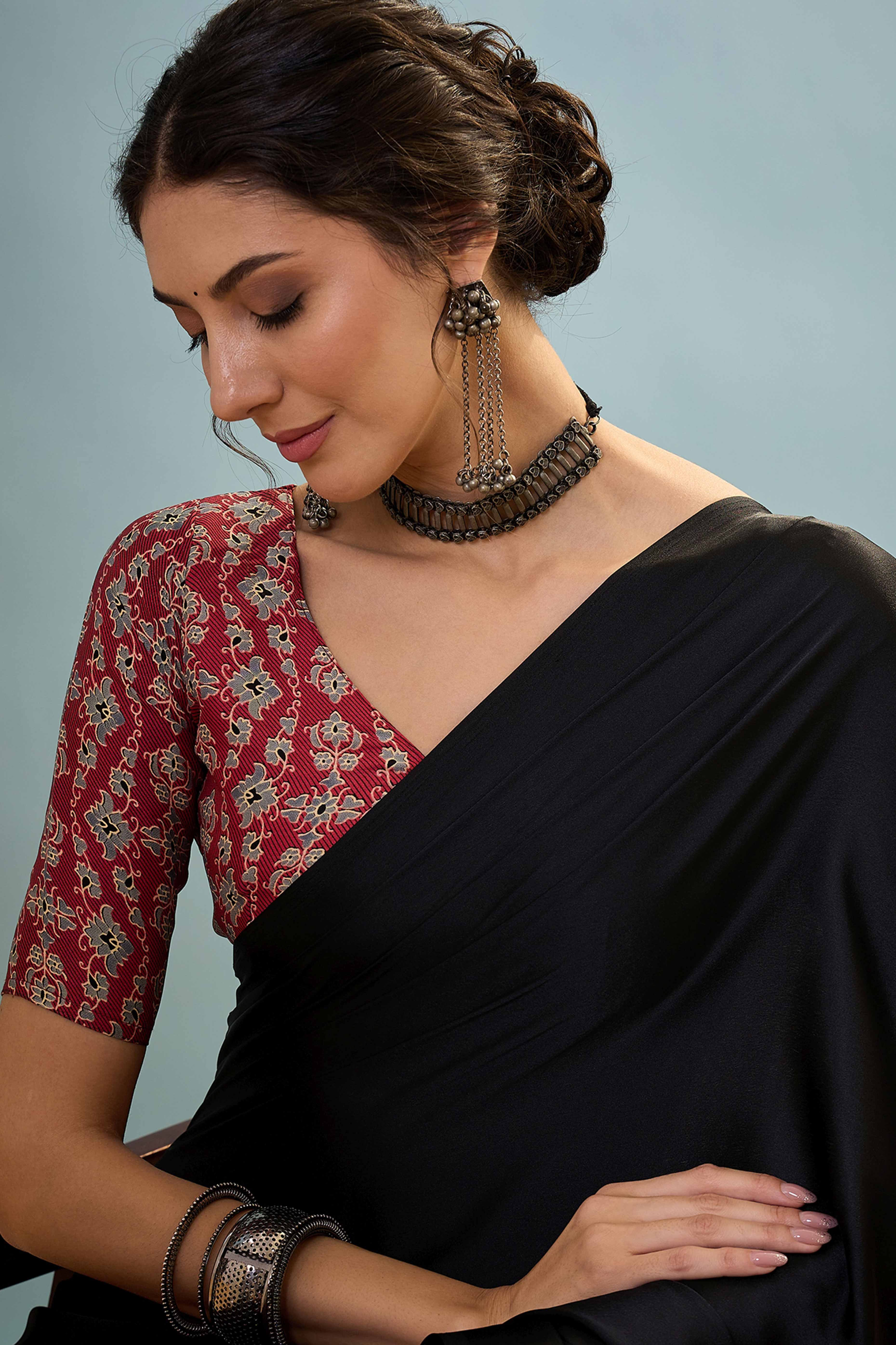 Black Solid Modal Satin Saree Highlighted With Classic Ajrakh Pallu Design