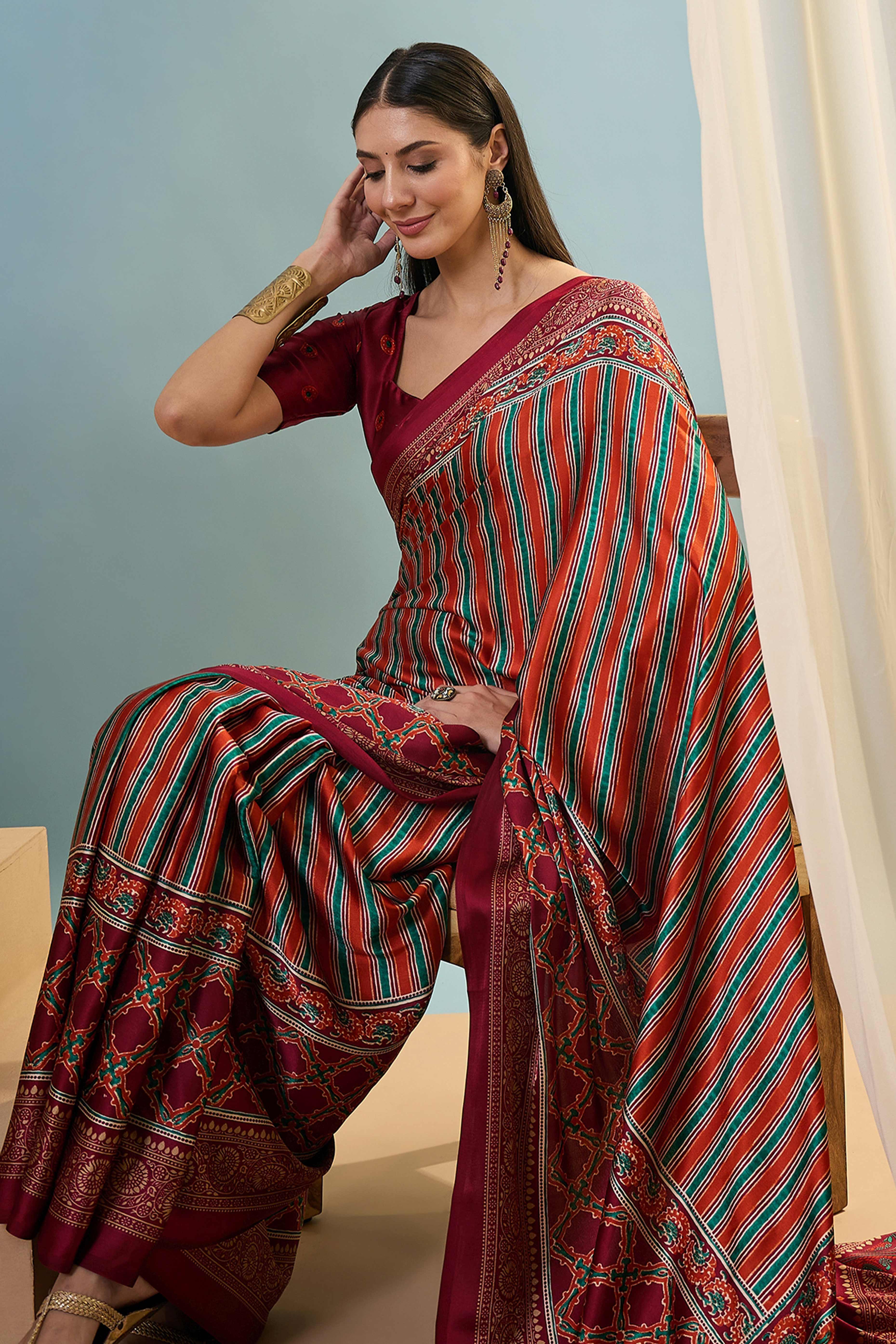 Modern Red Striped Printed Modal Satin Saree with Luxurious Flow and Shine