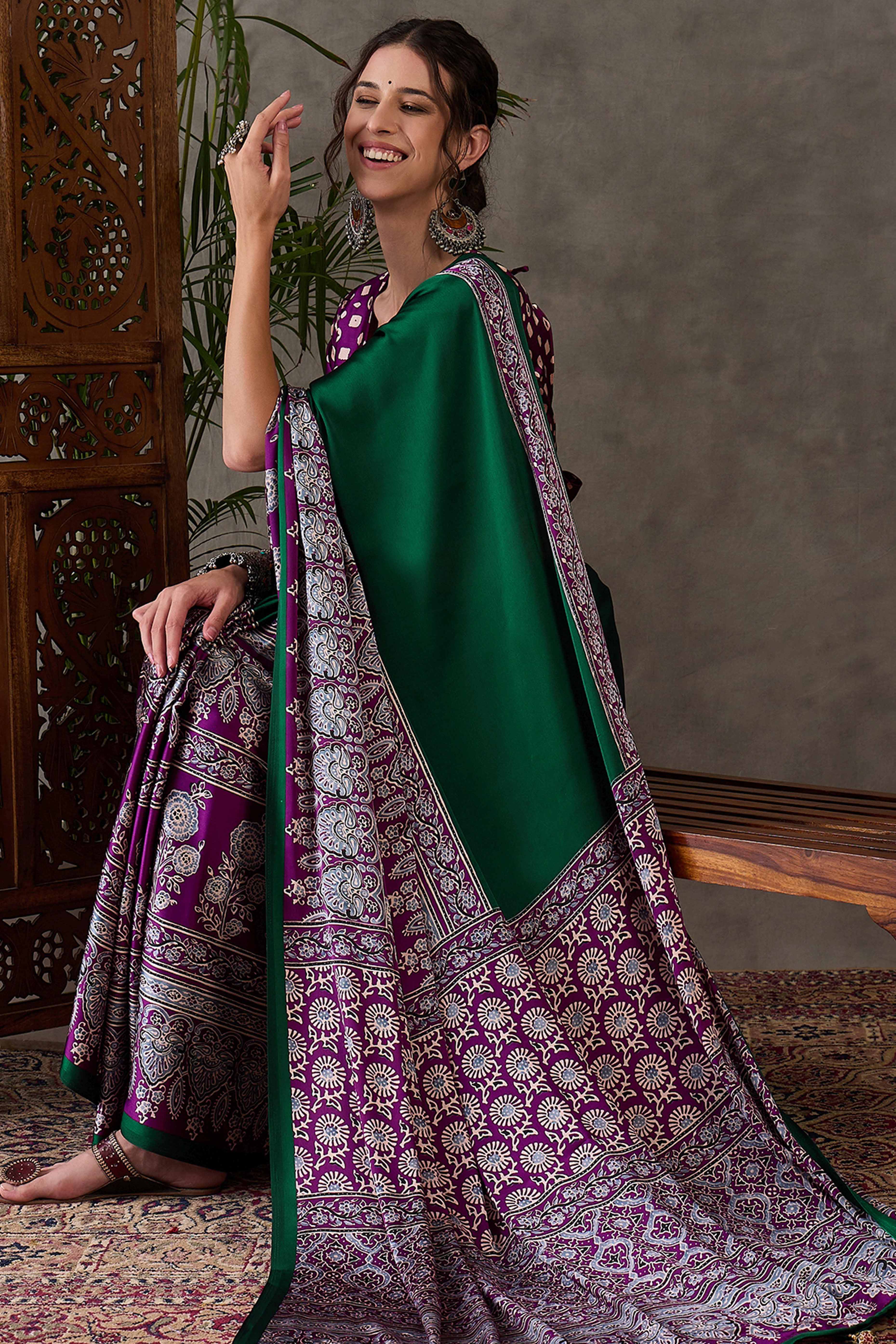 Green & Purple Ajrakh Printed Modal Satin Saree with Elegant Party Wear Appeal