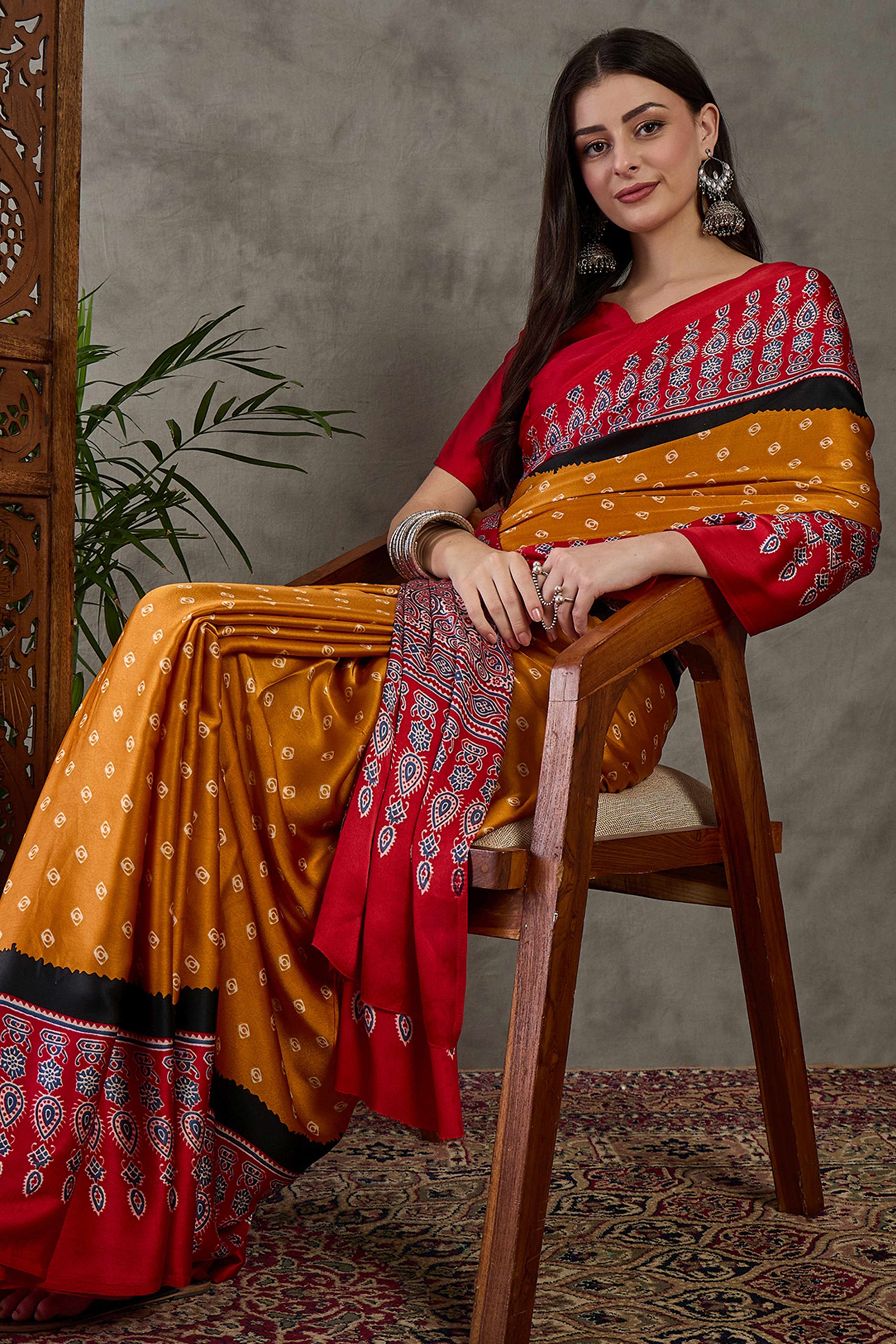 Mustard Ajrakh Printed Modal Satin Saree with Traditional Ajrakh Charm