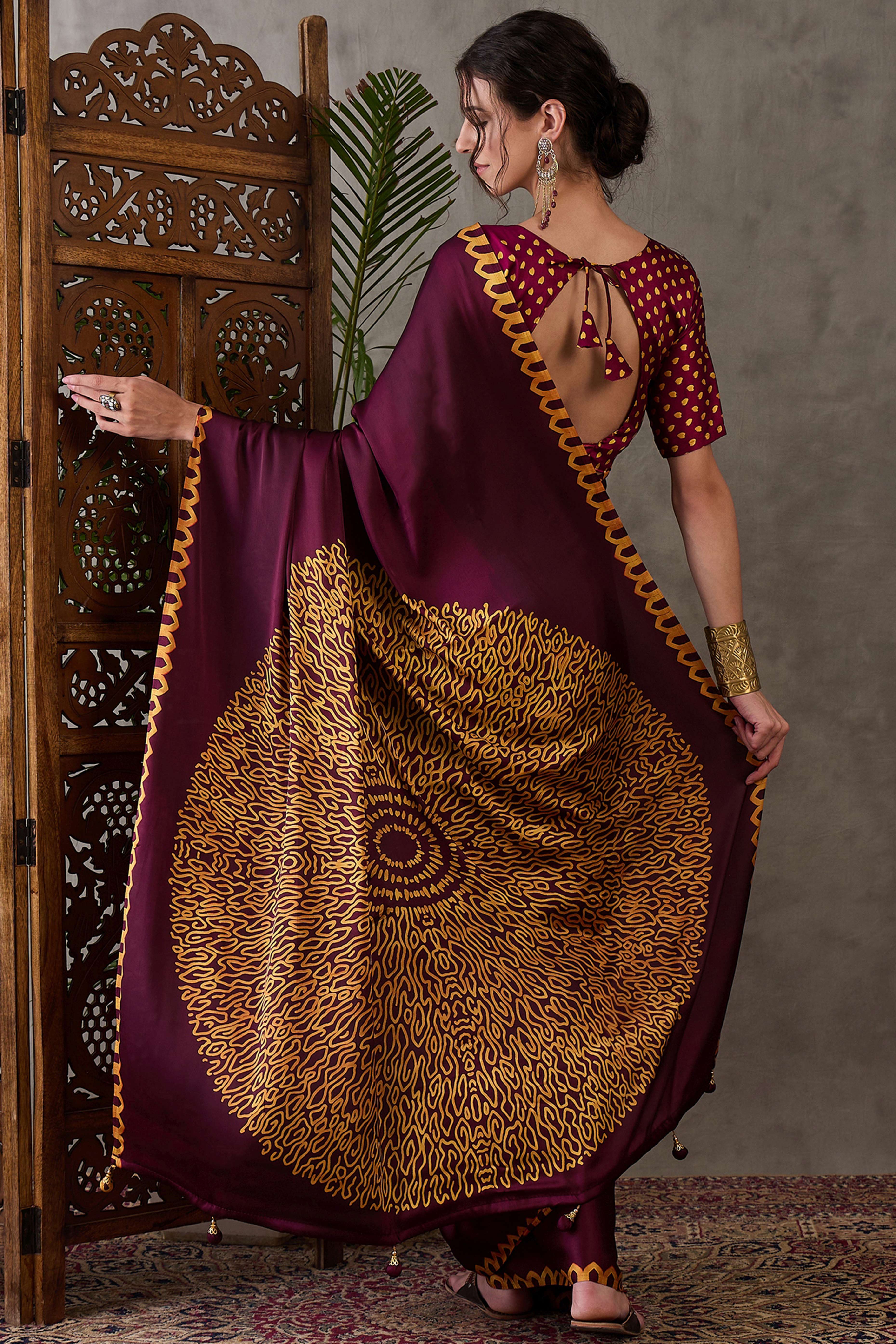 Wine Free Style Printed Modal Satin Party Wear Saree with a Smooth Satin Drape
