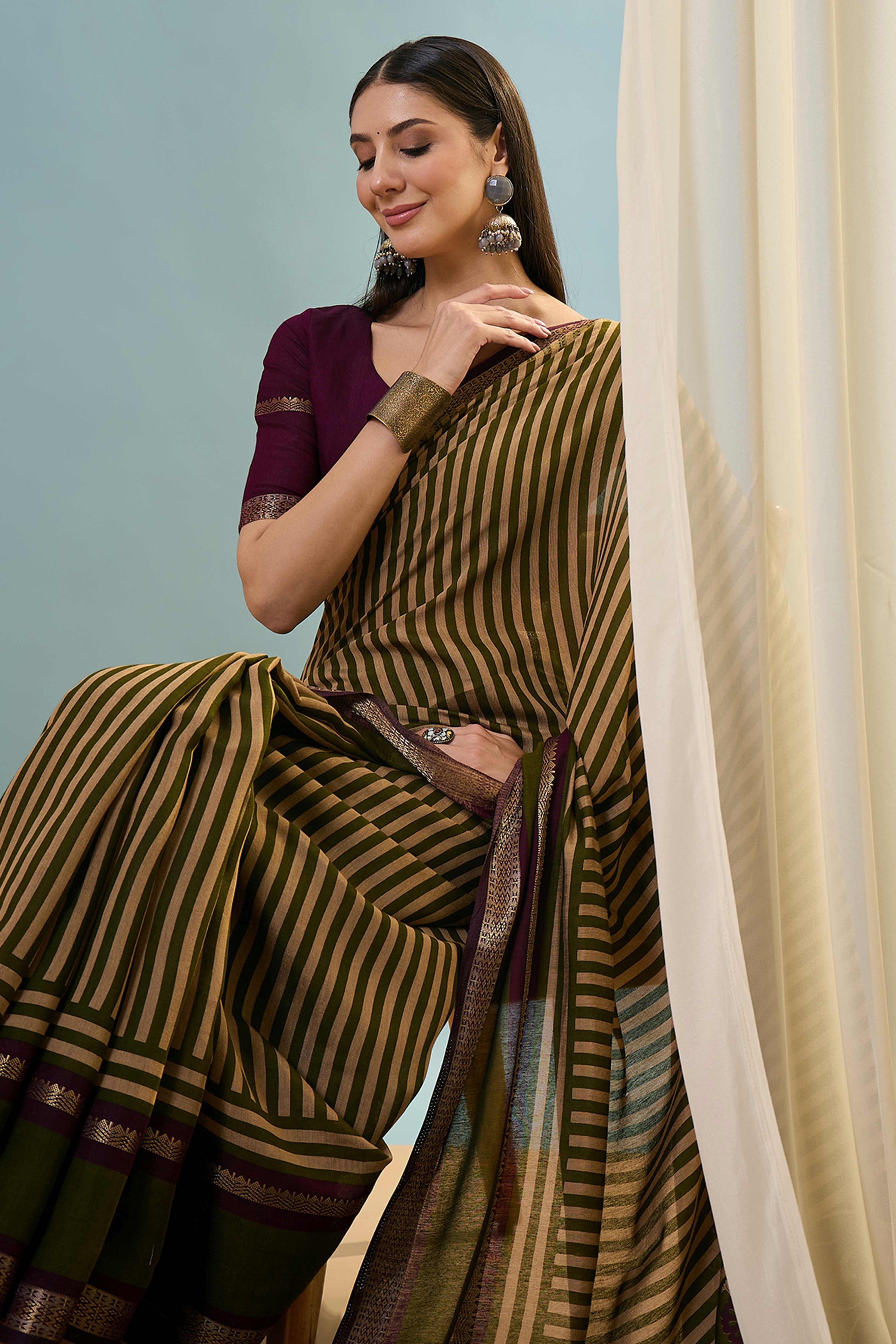 Mehendi Green Striped Printed Viscose Saree with a Subtle Zari Finish