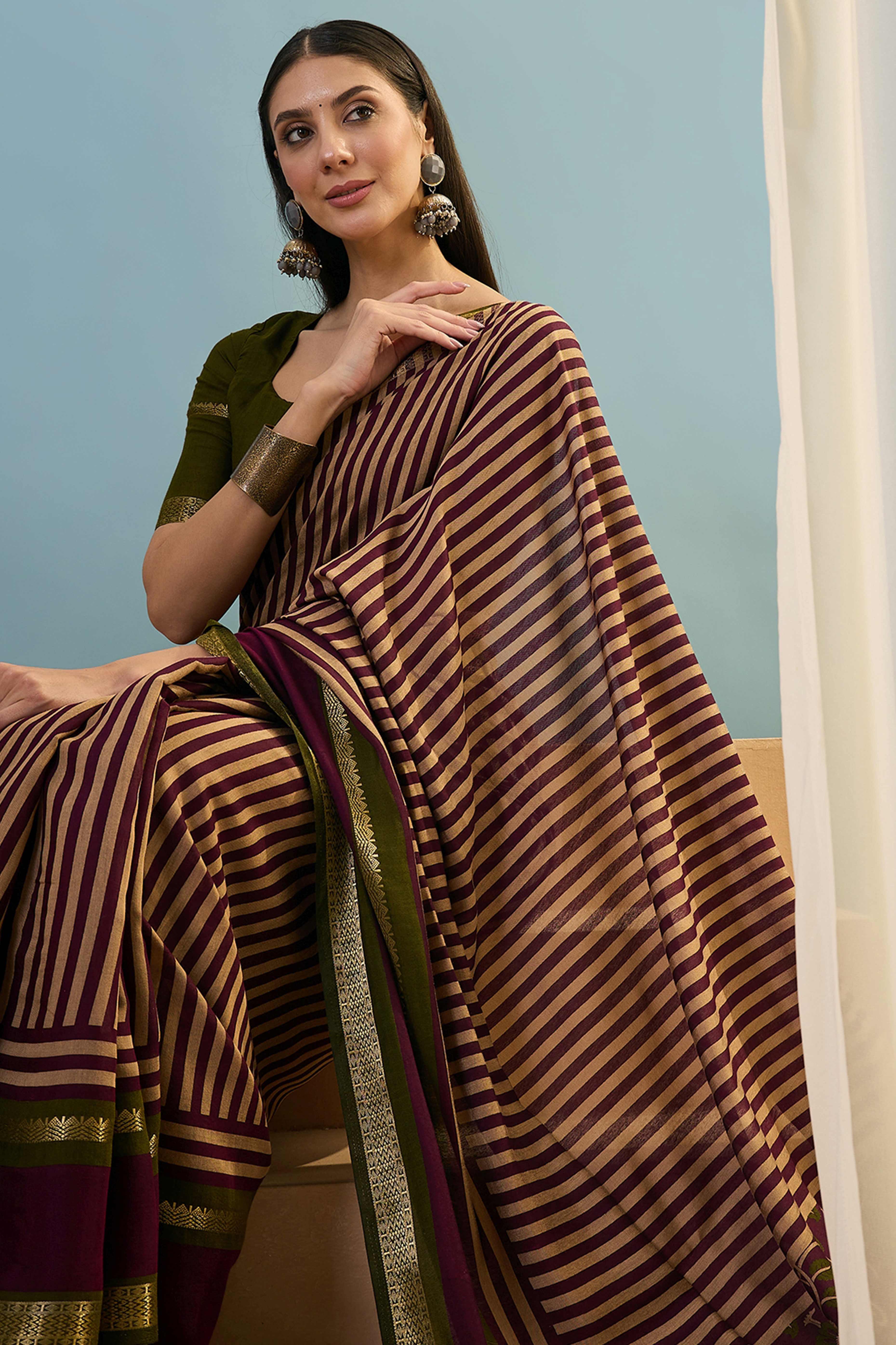Wine Striped Printed Viscose Saree with a Subtle Zari Finish
