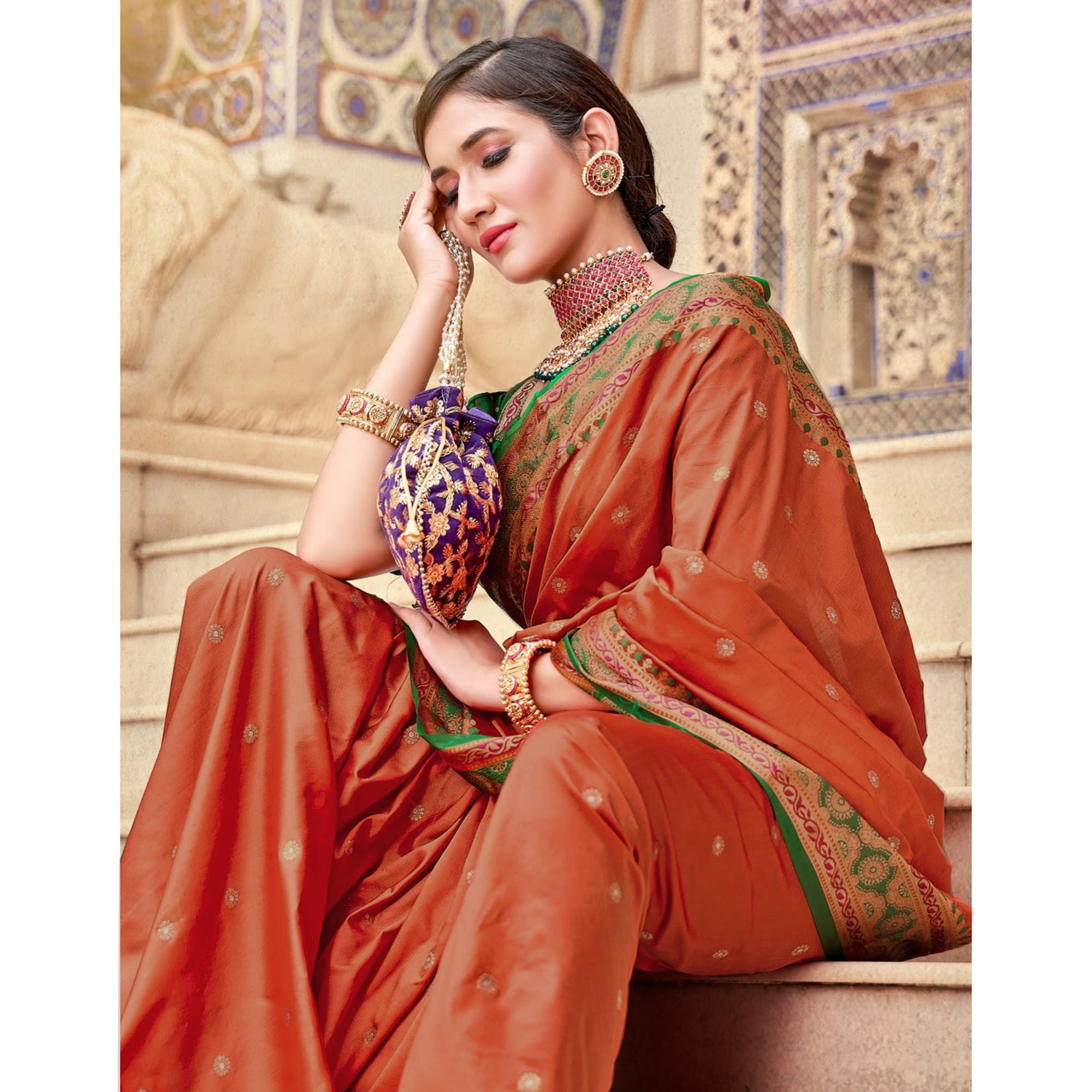 Peach Woven Pure Silk Saree With With Tassels
