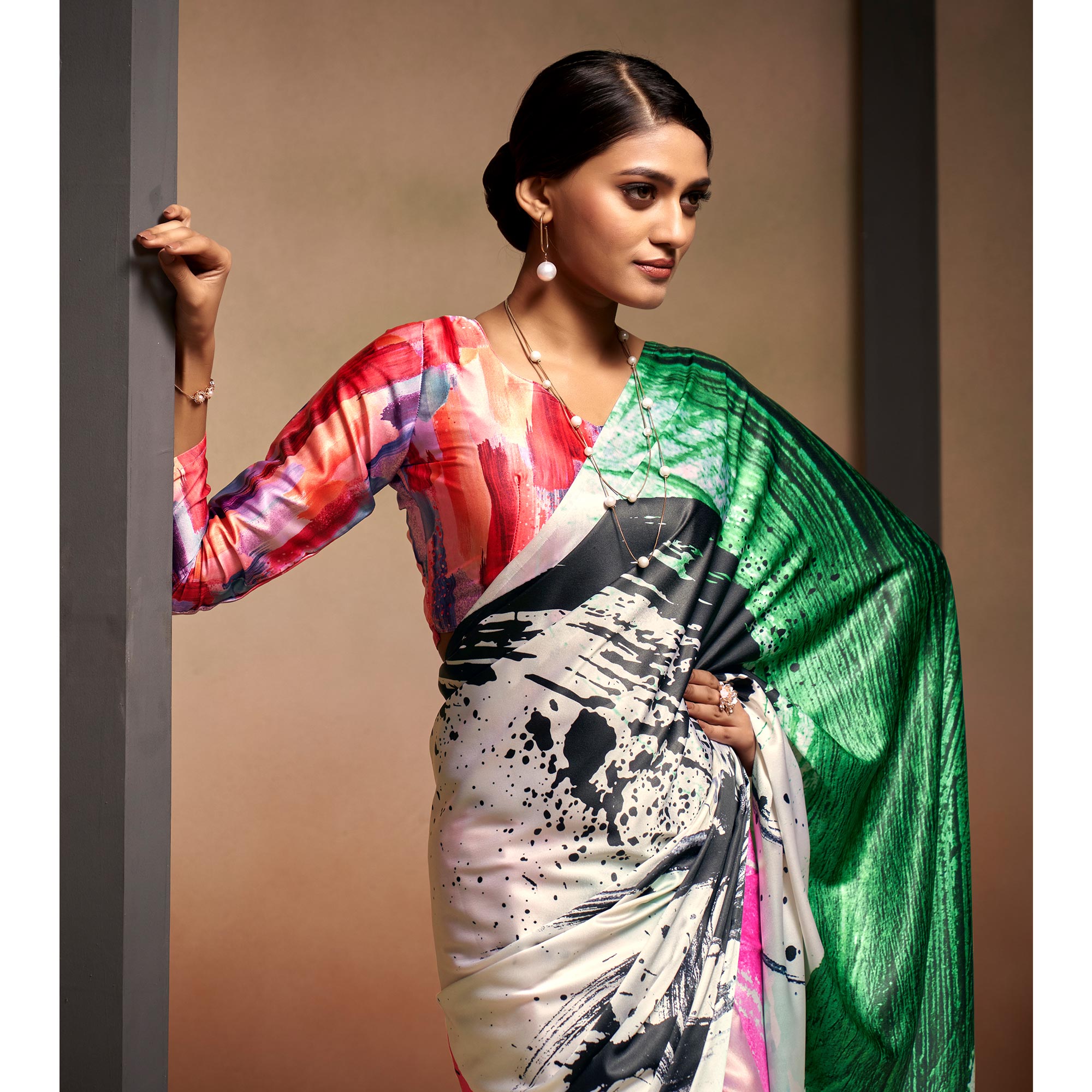 White Digital Printed Satin Saree