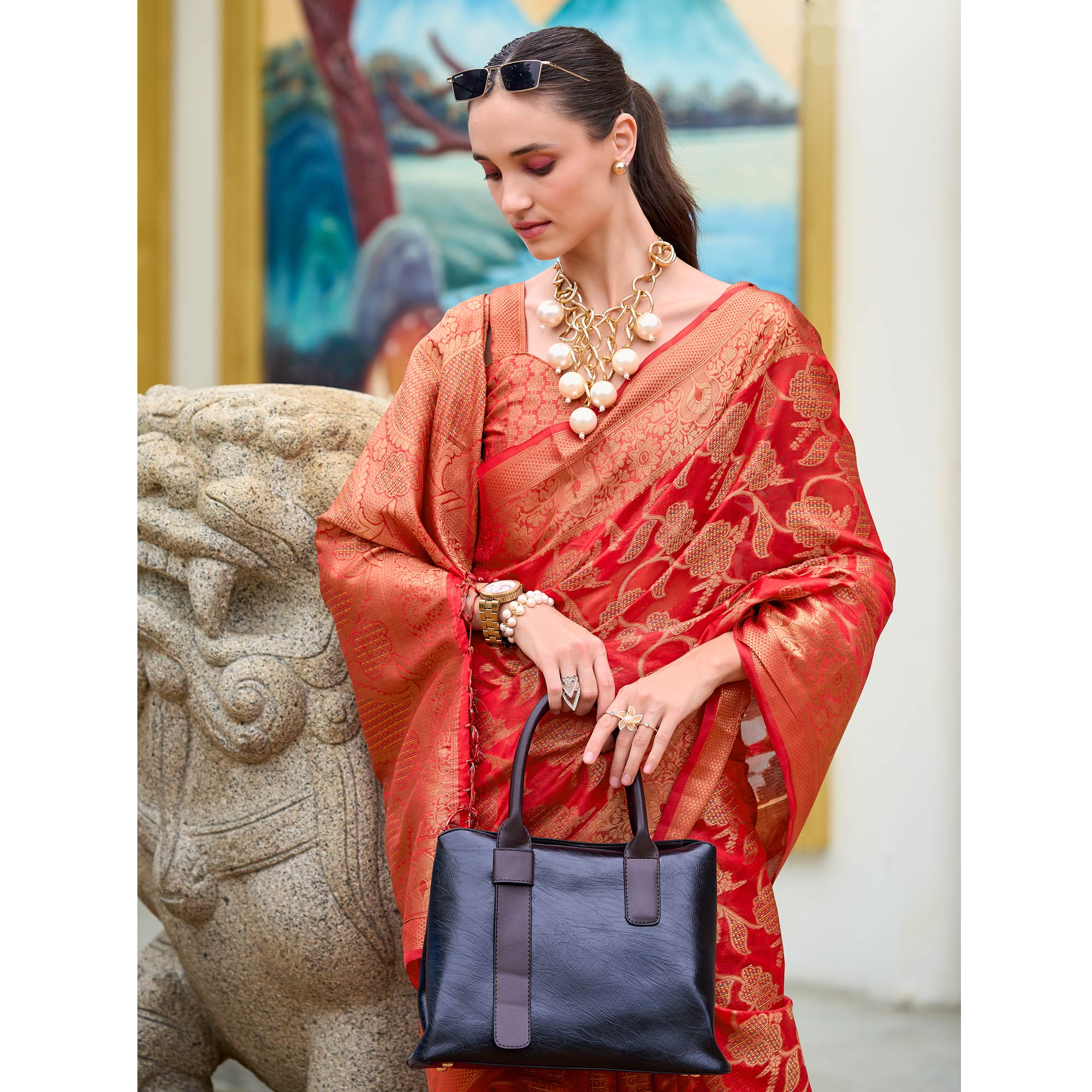 Red Floral Motifs Woven Organza Saree