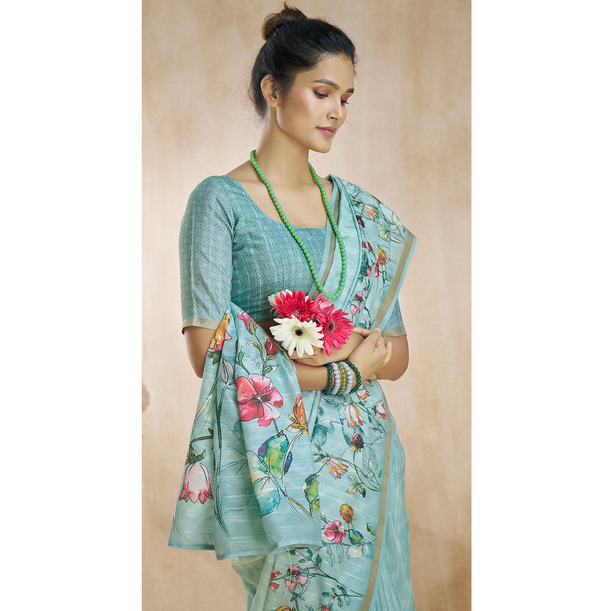 Turquoise Floral Digital Printed Pure Silk Saree
