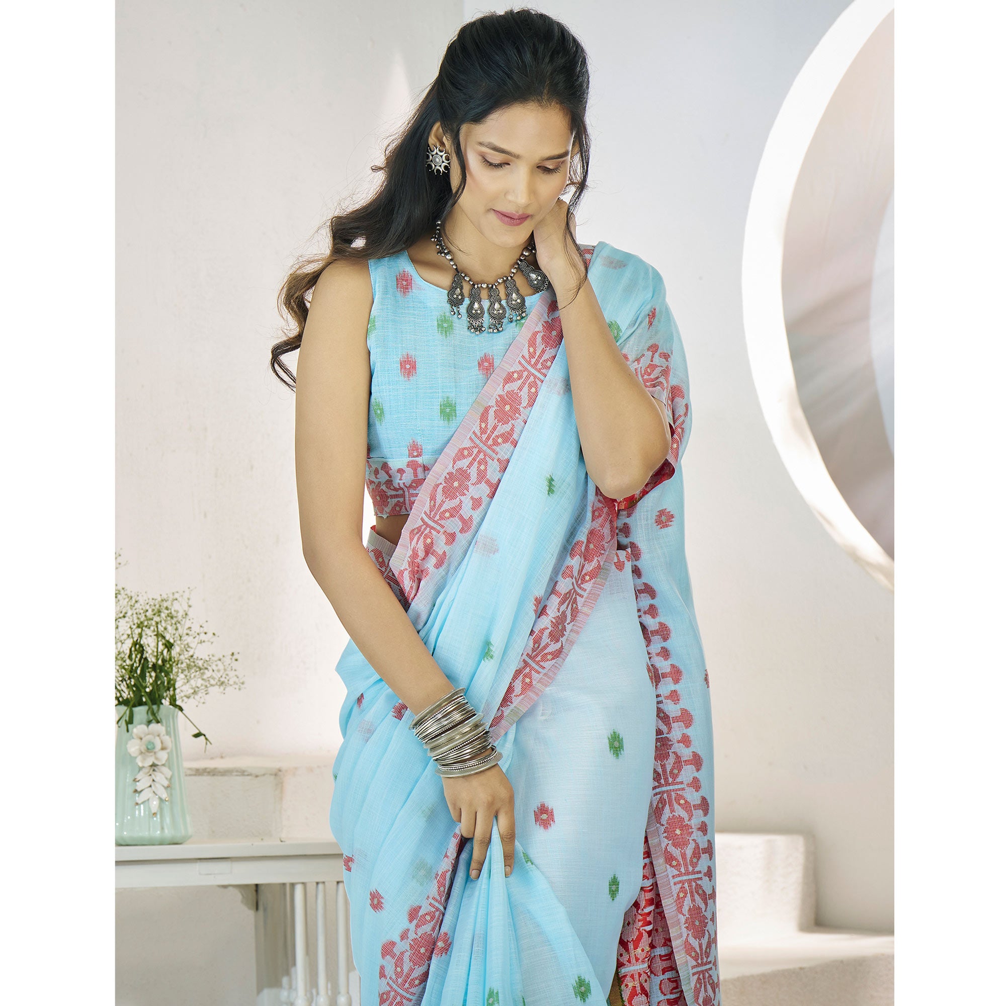 Blue Floral Woven Cotton Silk Saree