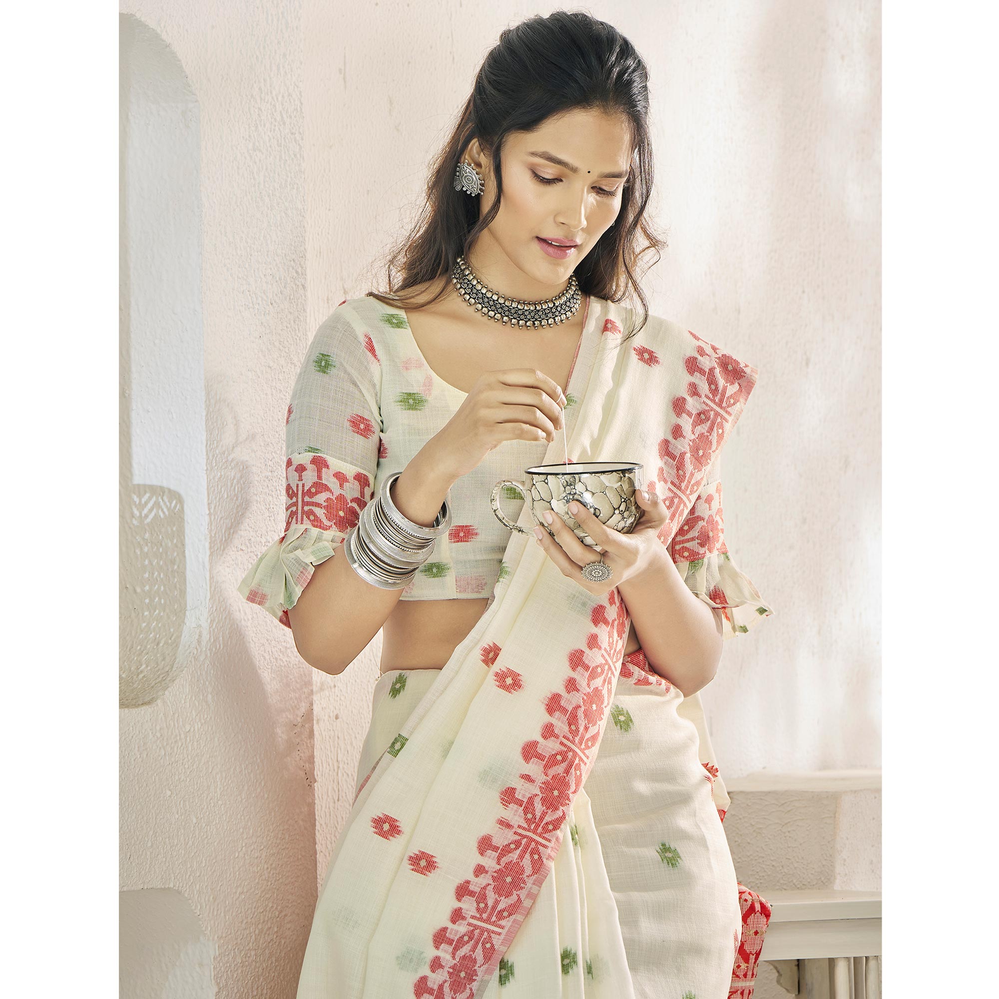 Off White Floral Woven Cotton Silk Saree
