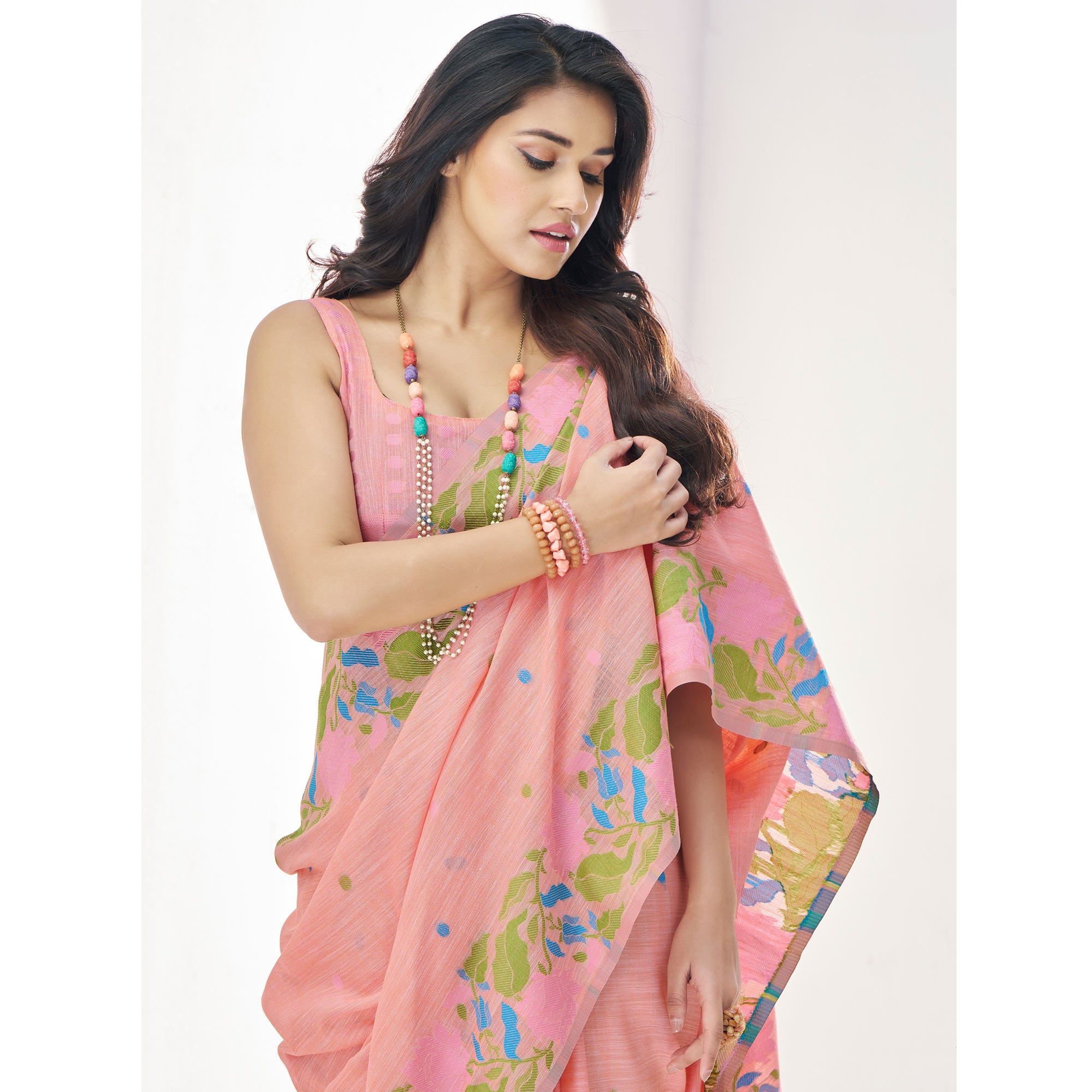 Peach Floral Woven Cotton Silk Saree