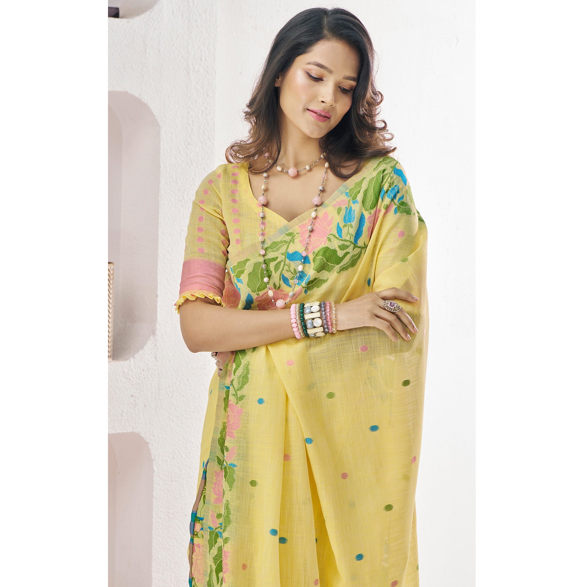 Yellow Floral Woven Cotton Silk Saree