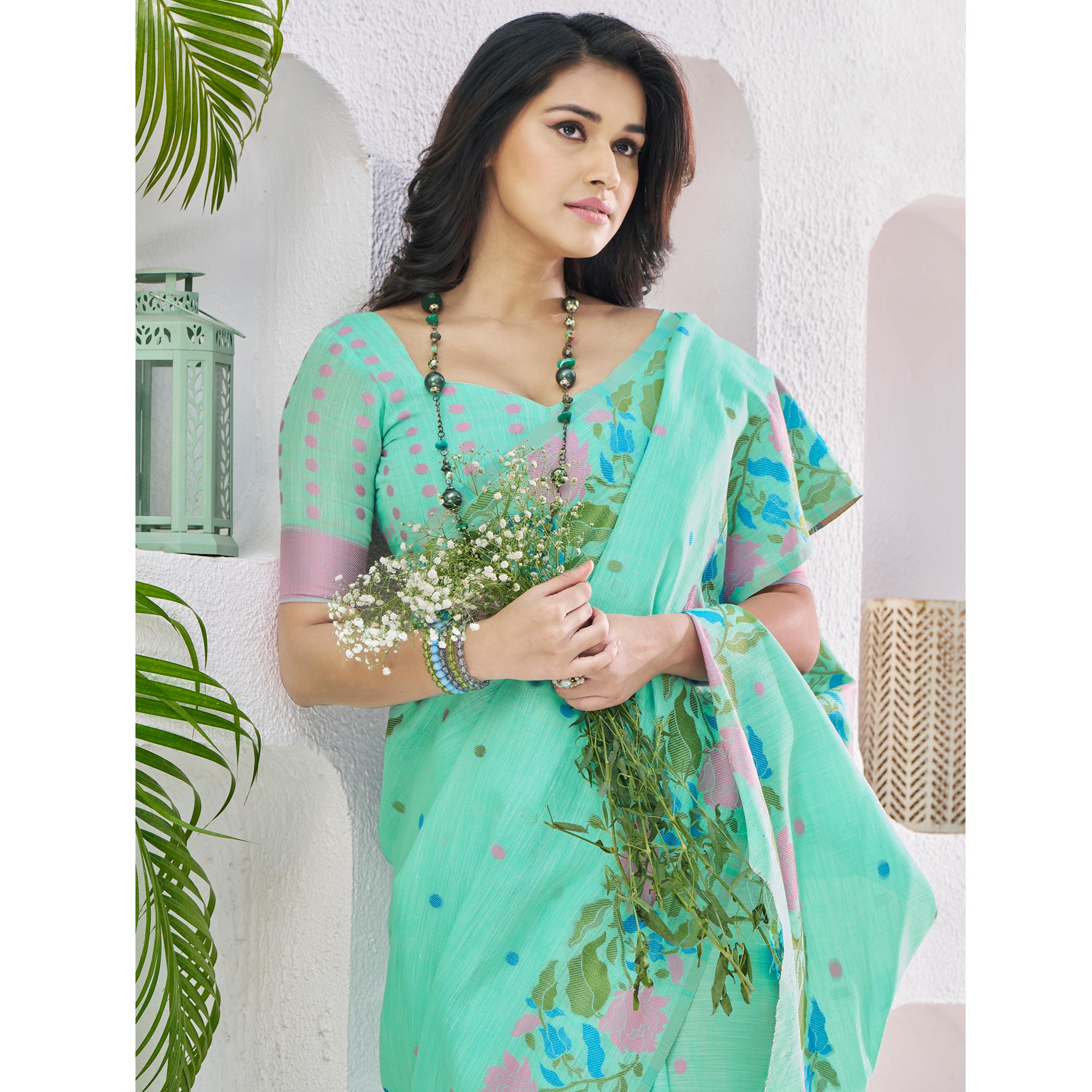 Green Floral Woven Cotton Silk Saree