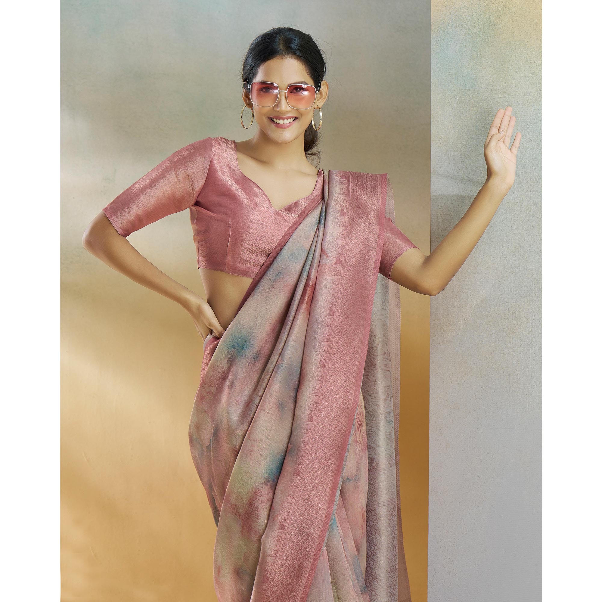 Pink Woven With Digital Printed Linen Saree