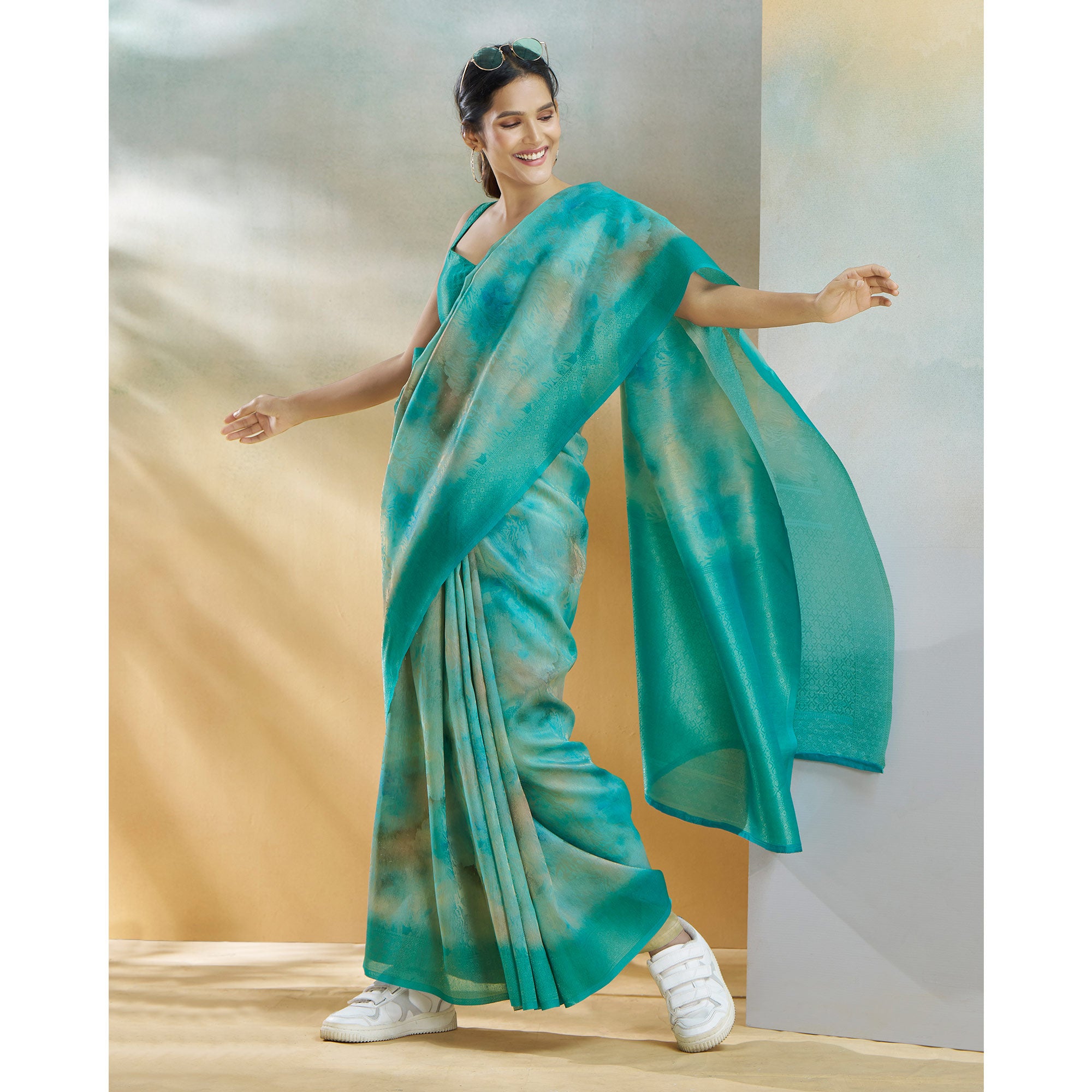 Turquoise Woven With Digital Printed Linen Saree