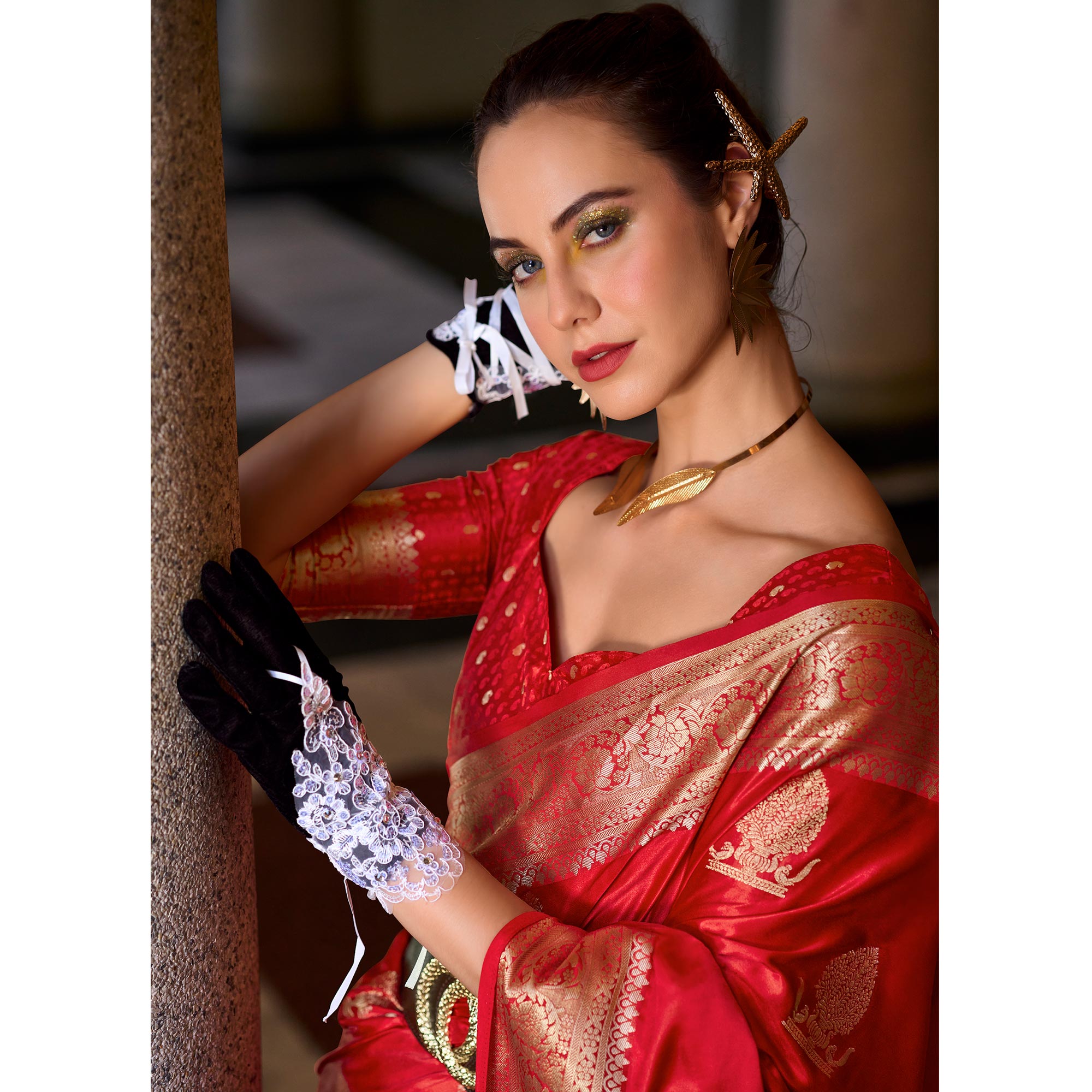 Red Floral Woven Satin Silk Saree