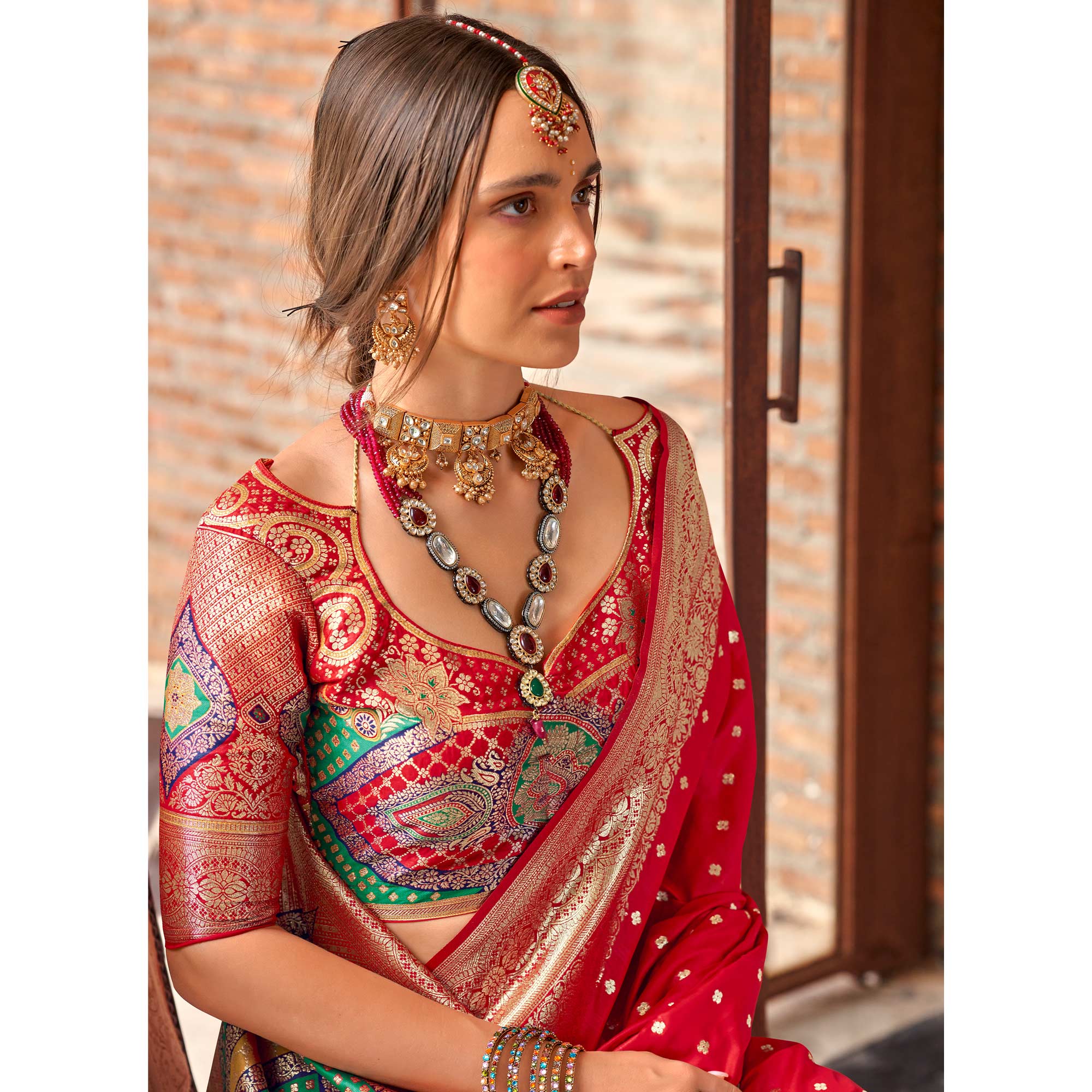 Red Floral Woven Banarasi Silk Saree With Tassels