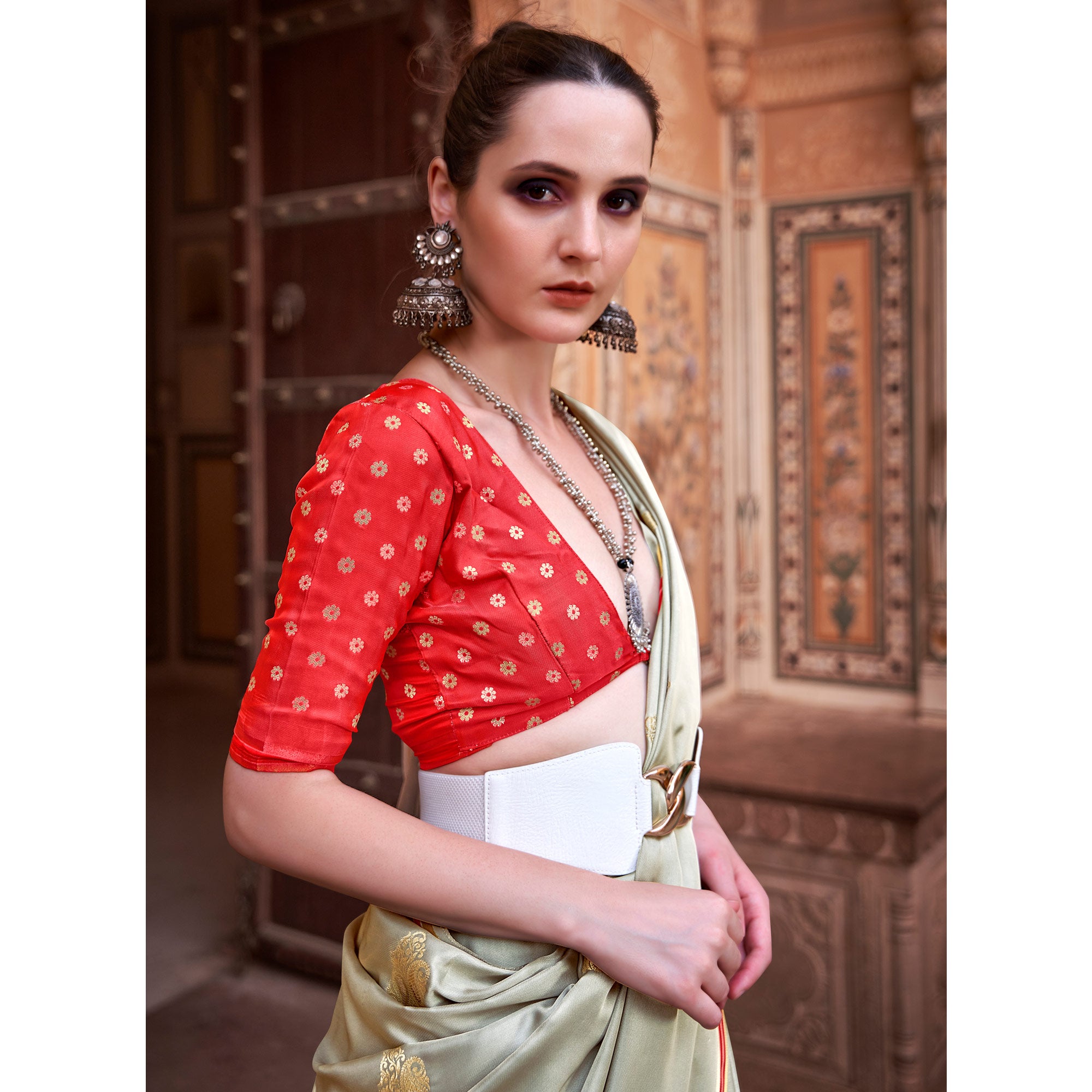 Grey Woven Satin Saree With Tassels