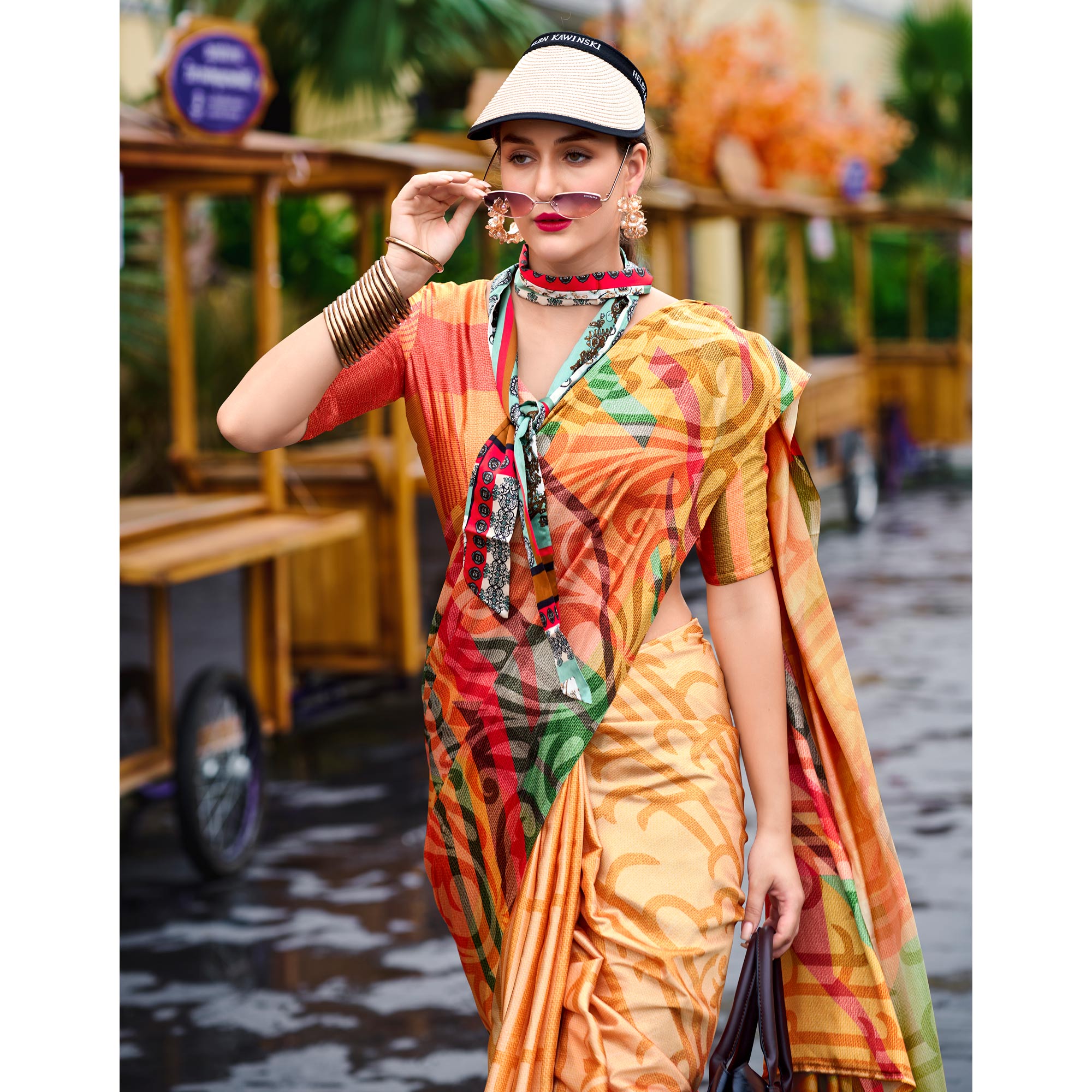 Multicolor Digital Printed Pure Satin Saree